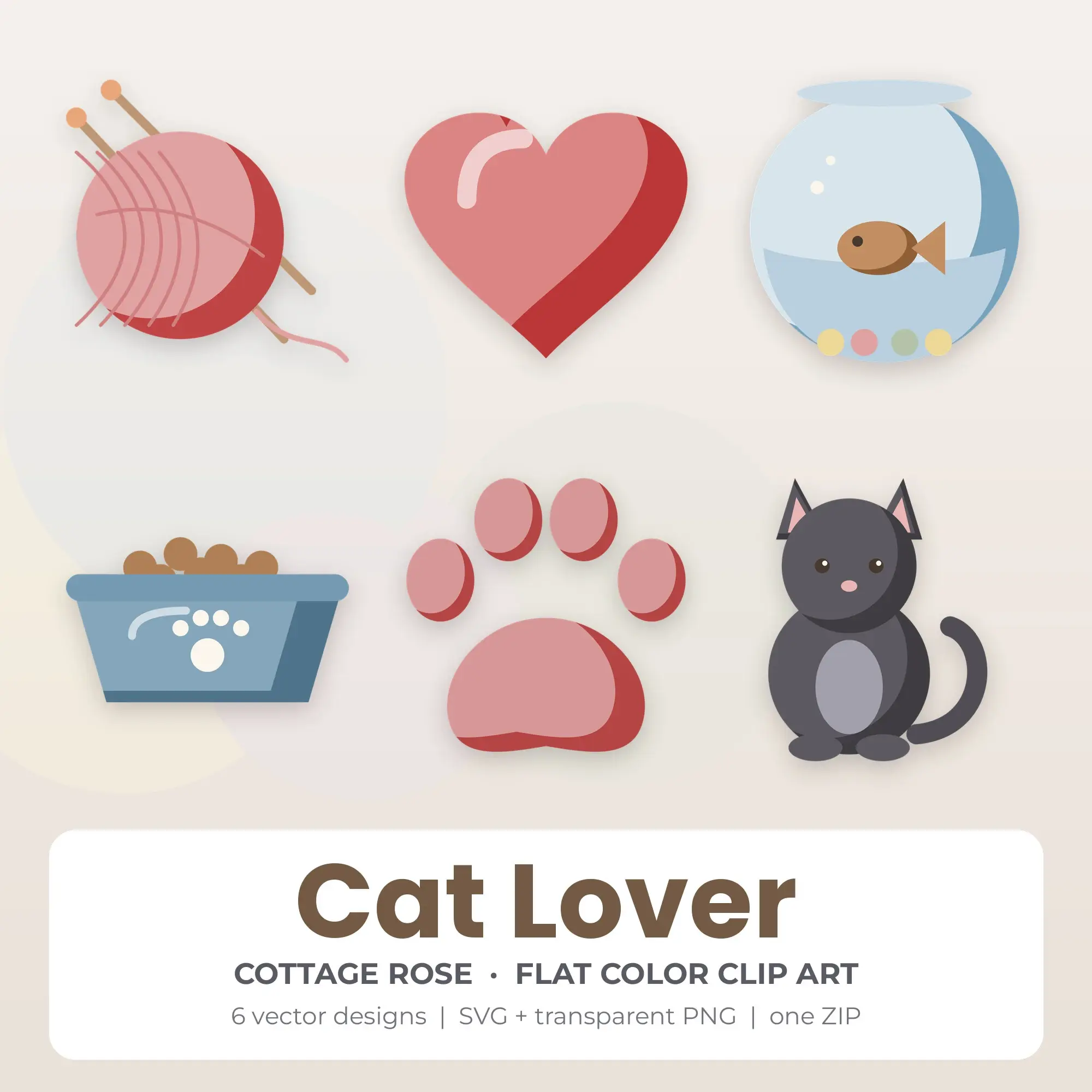 Cottage Rose Cat Lover Clip Art Set - 6 Vector SVG PNG preview