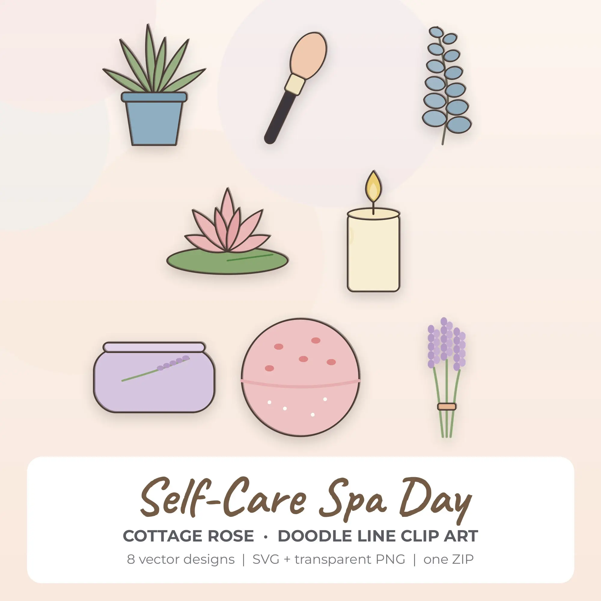 Self-Care Spa Day Clipart, Cottage Rose Doodle Line - 8 SVG PNG preview