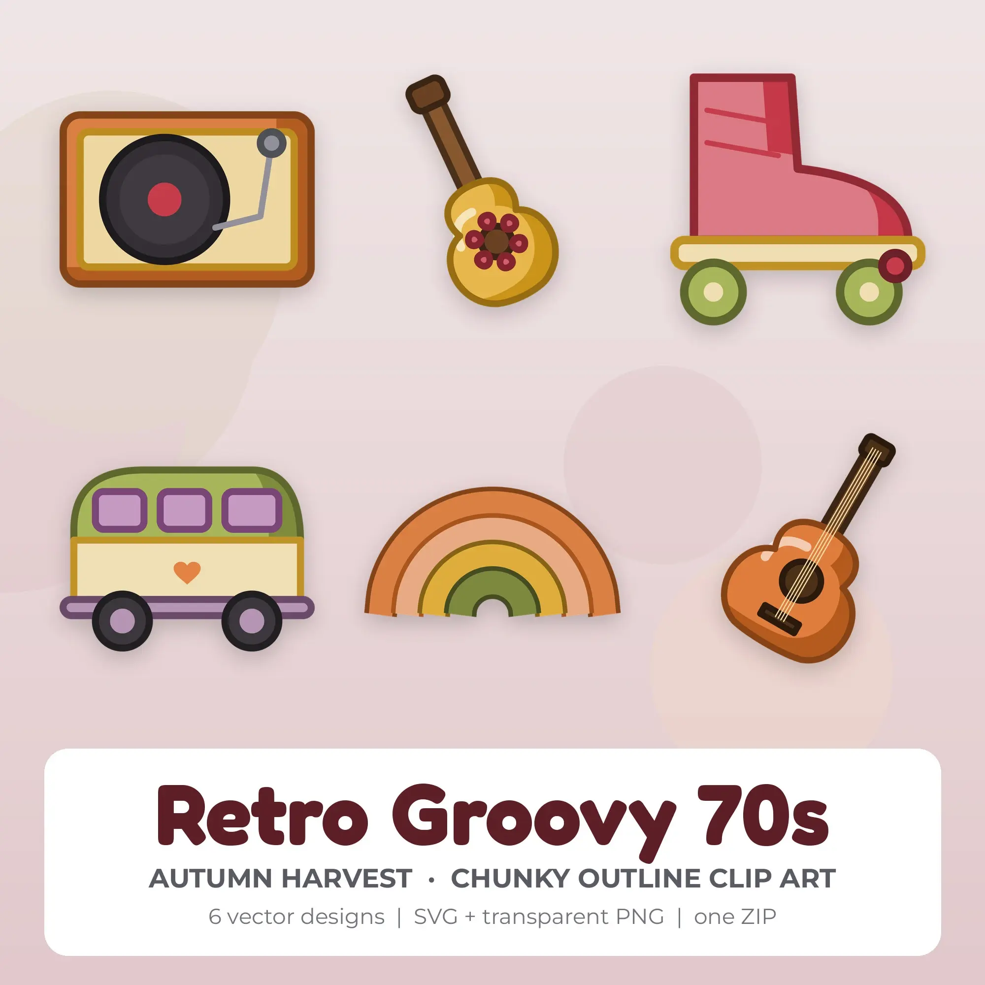 Autumn Harvest Retro Groovy 70s Clip Art Set - 6 Vector SVG PNG preview