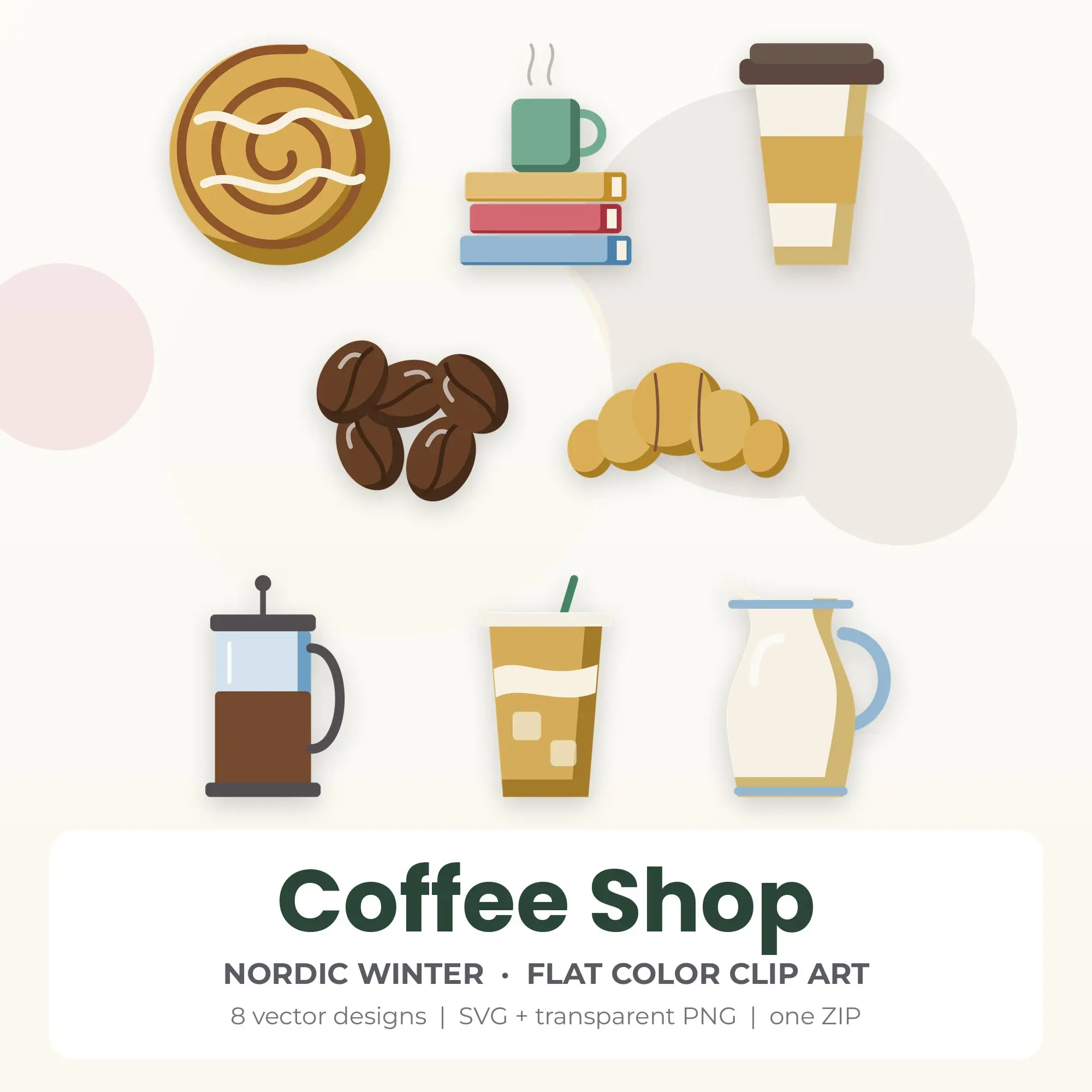 Coffee Shop Clipart, Nordic Winter Flat Color - 8 SVG PNG preview