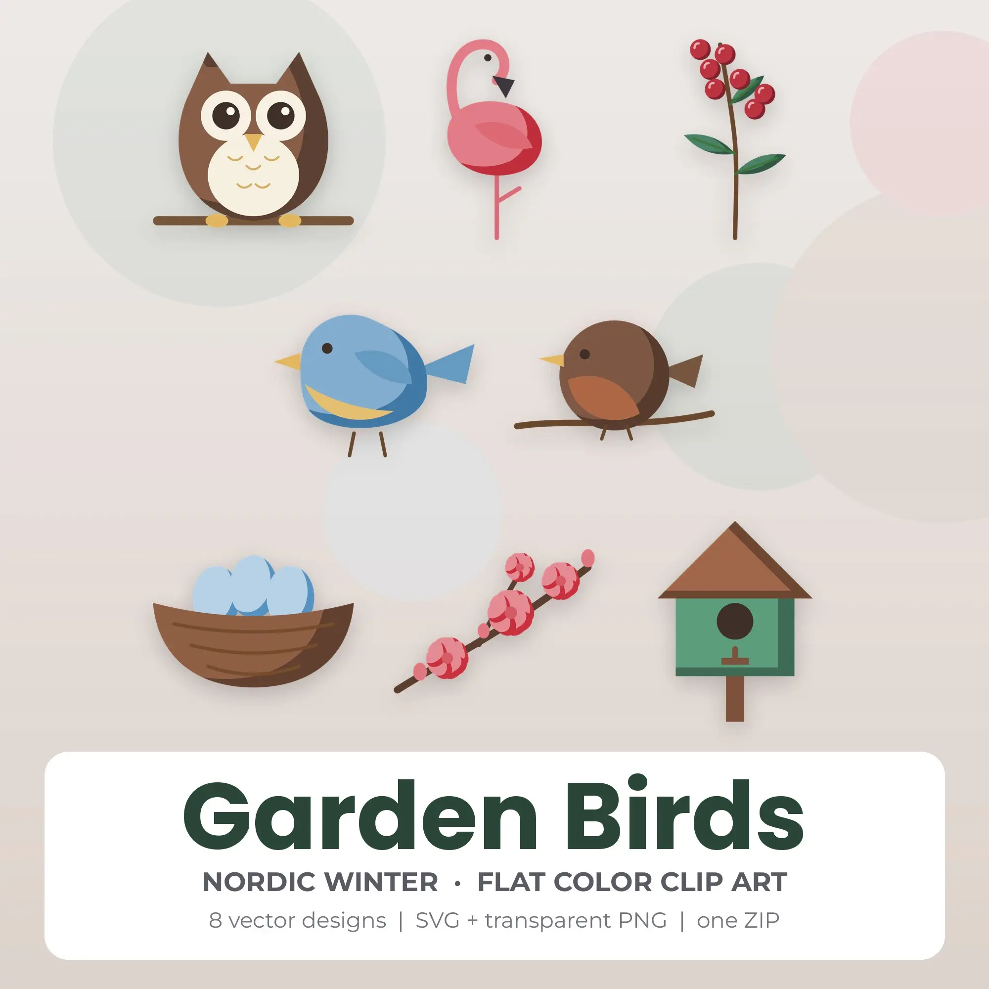 Garden Birds Vector Clip Art in Nordic Winter - 8 Designs preview