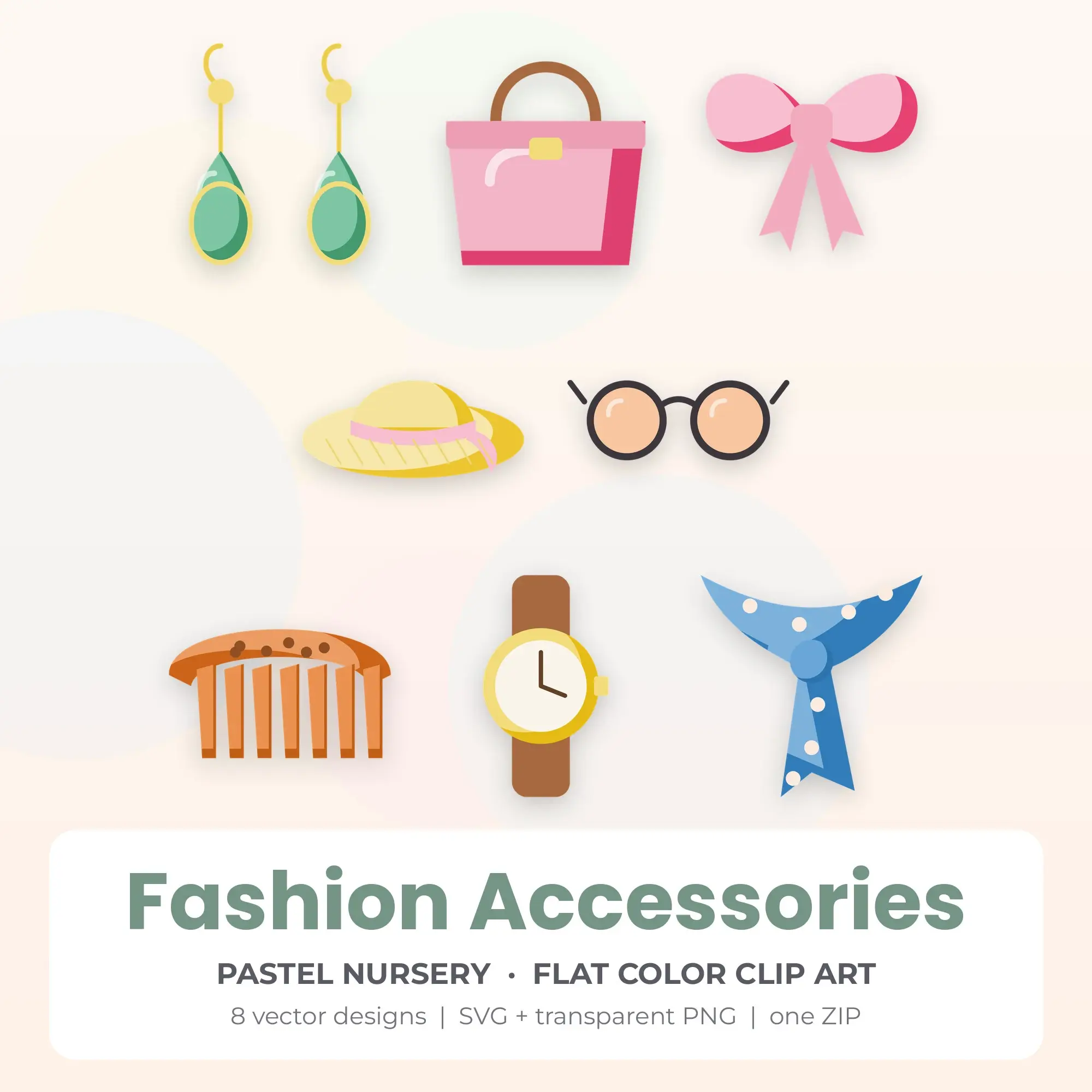 8 Flat Color Fashion Accessories Clipart Illustrations, SVG PNG preview