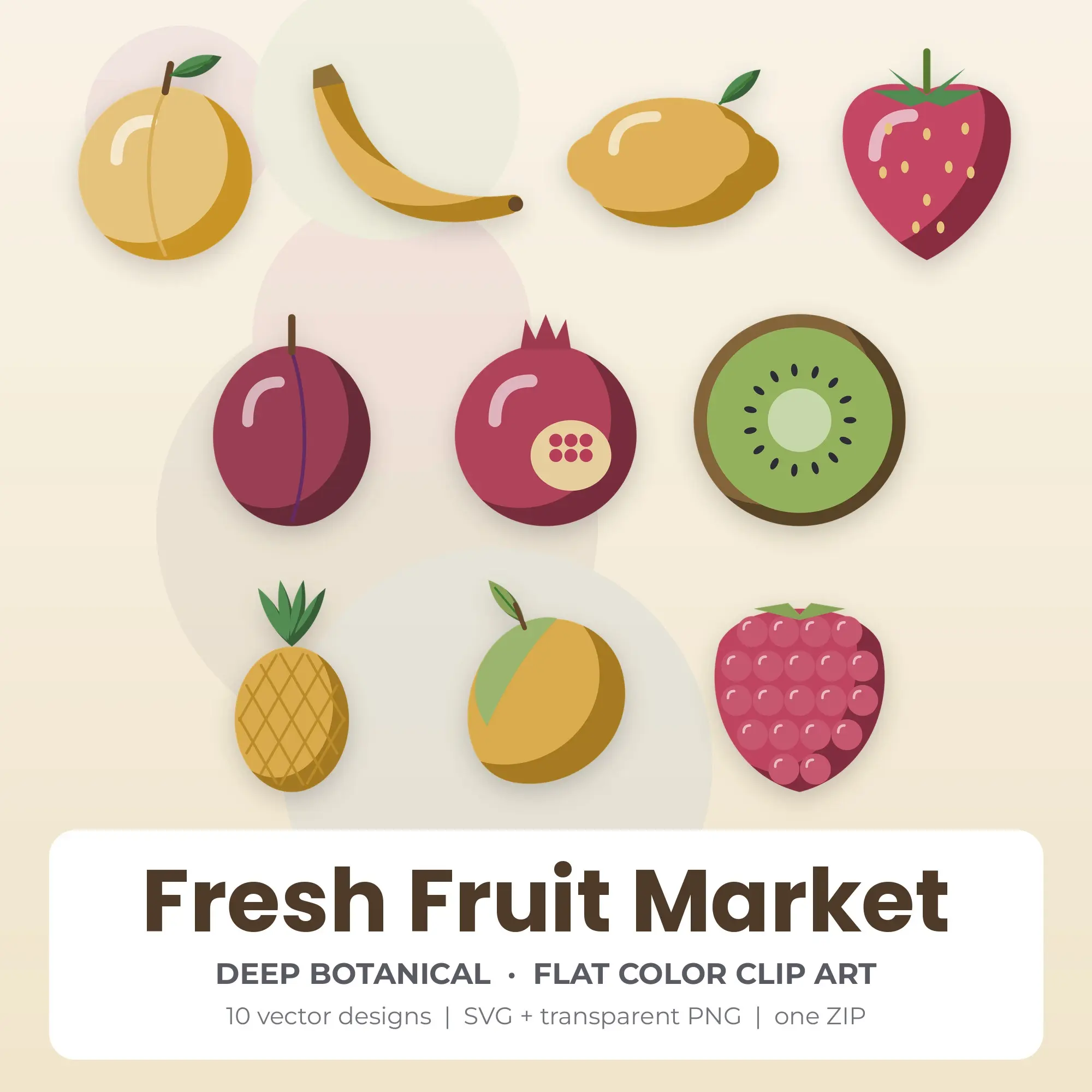 Fresh Fruit Market Clipart, Deep Botanical Flat Color - 10 SVG PNG preview