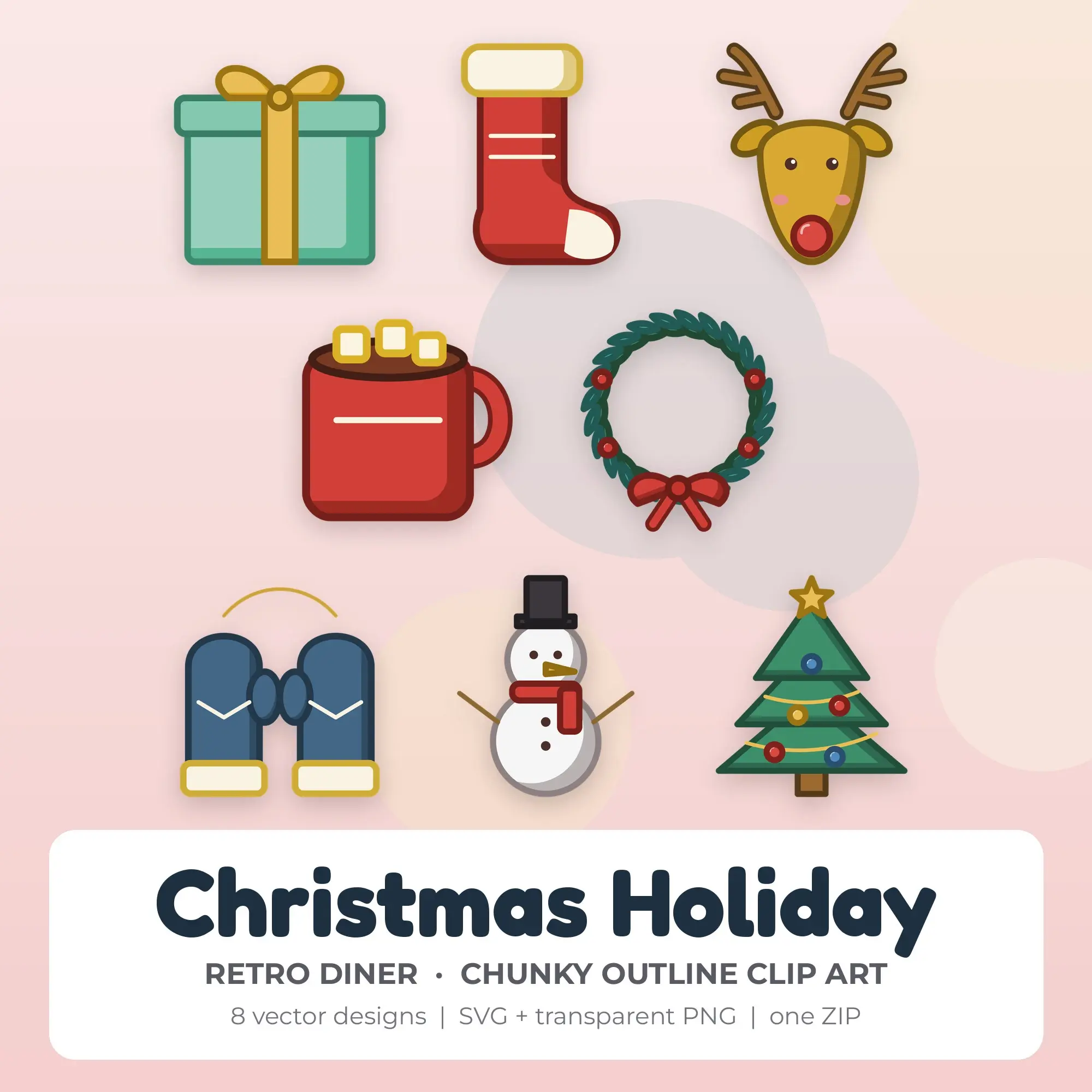 Christmas Holiday Clipart, Retro Diner Chunky Outline - 8 SVG PNG preview