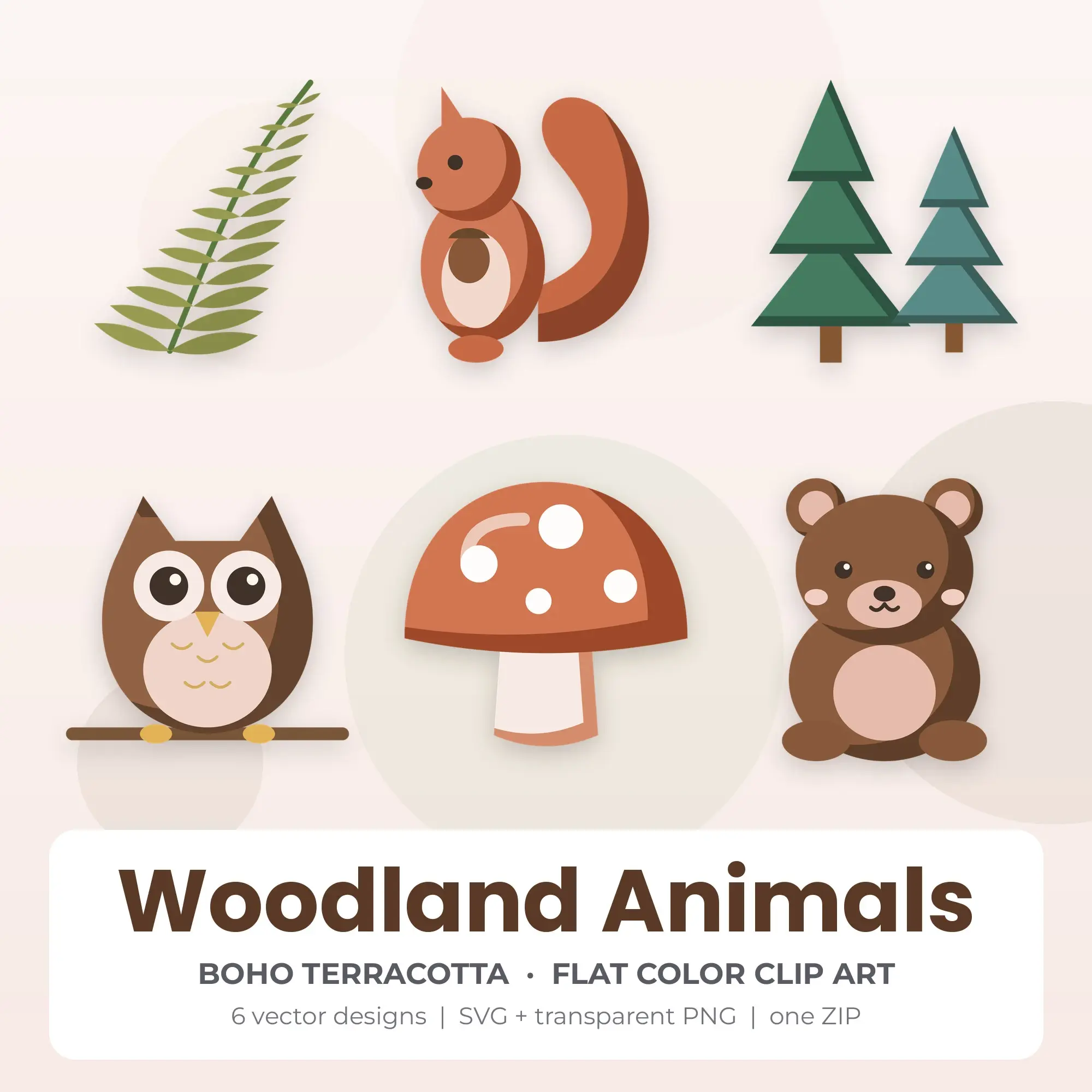 Woodland Animals Vector Clip Art in Boho Terracotta - 6 Designs preview