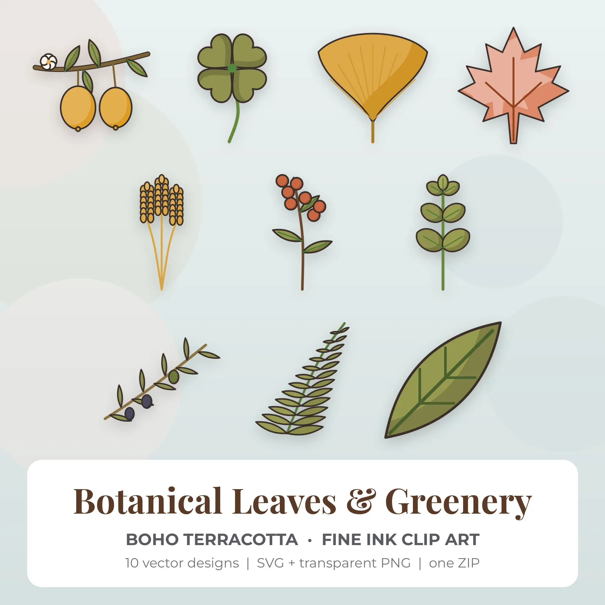 10 Fine Ink Botanical Leaves & Greenery Clipart Illustrations, SVG PNG, preview 1 of 2