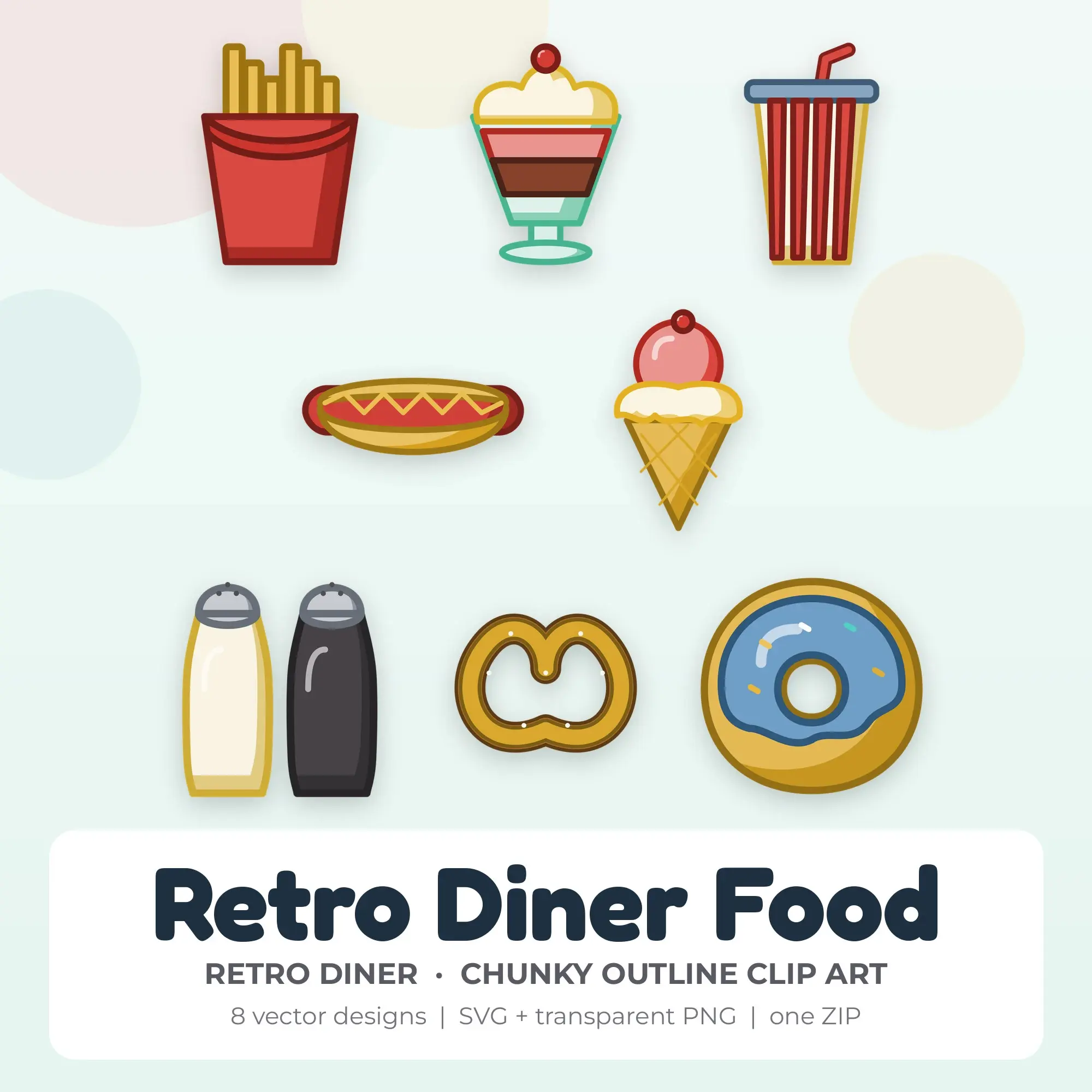 Retro Diner Food Clipart, Retro Diner Chunky Outline - 8 SVG PNG preview