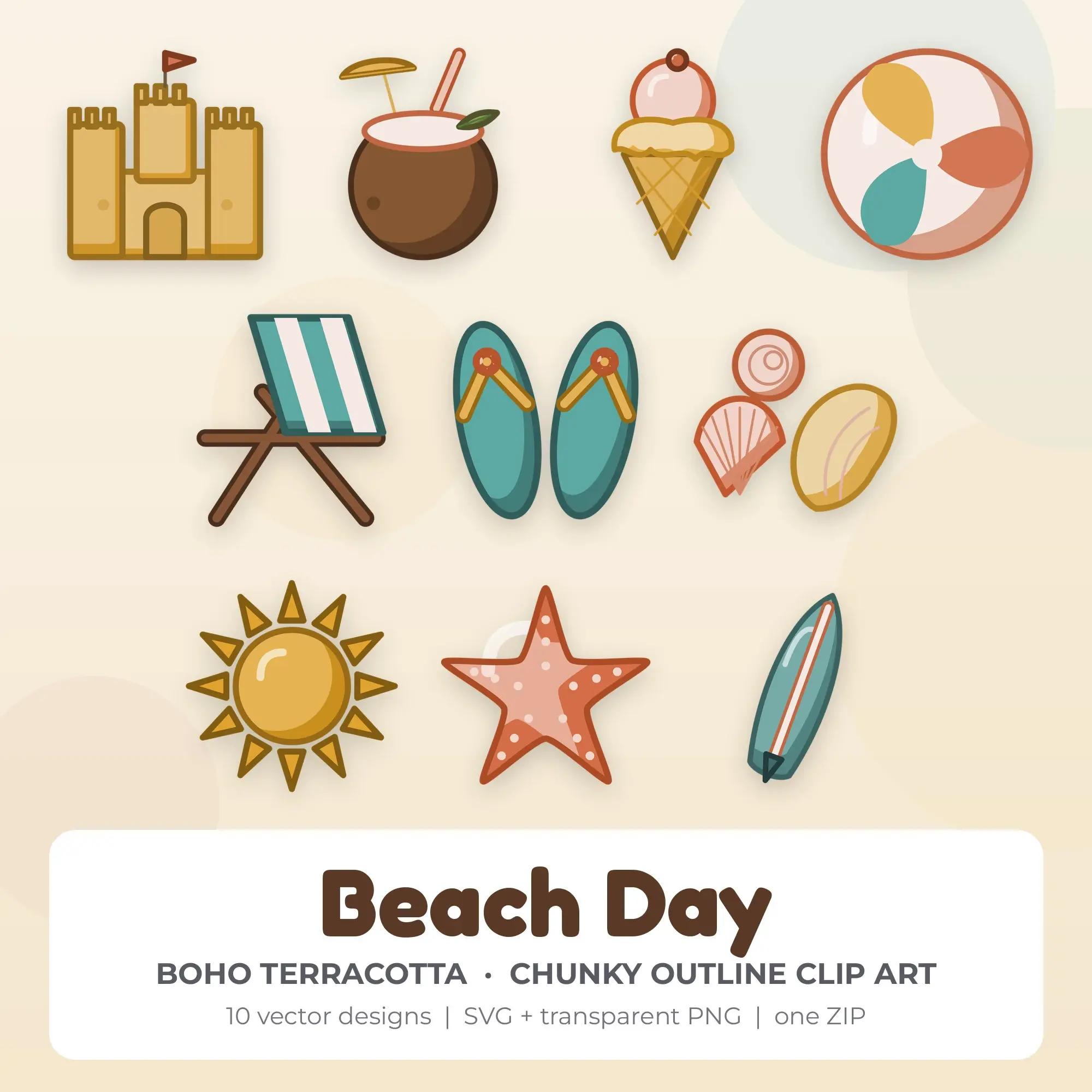 Beach Day Clipart, Boho Terracotta Chunky Outline - 10 SVG PNG, preview 1 of 2