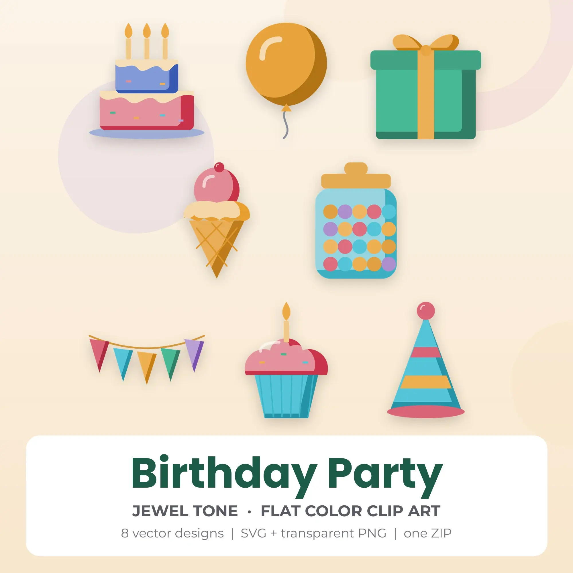 8 Flat Color Birthday Party Clipart Illustrations, SVG PNG, preview 1 of 2
