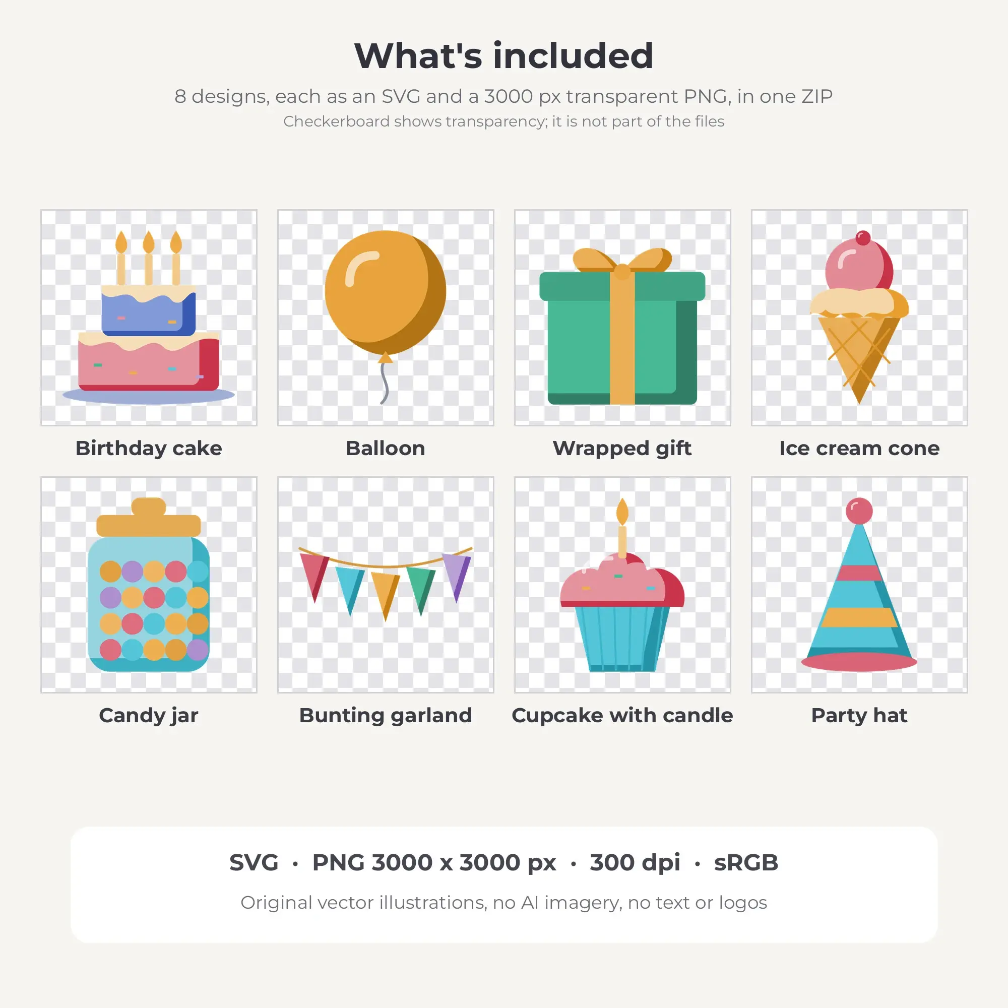 8 Flat Color Birthday Party Clipart Illustrations, SVG PNG, preview 2 of 2