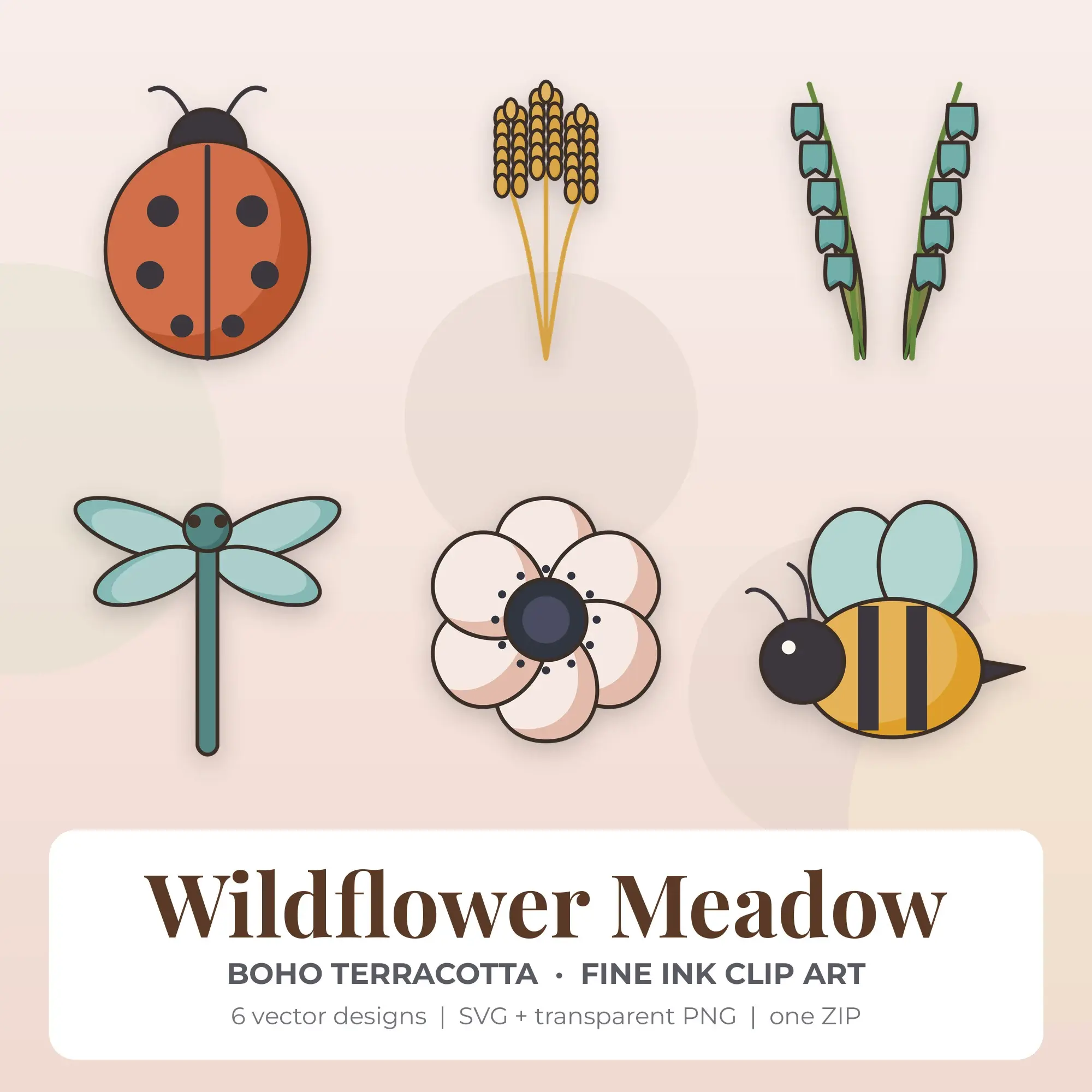 Wildflower Meadow Clipart, Boho Terracotta Fine Ink - 6 SVG PNG preview