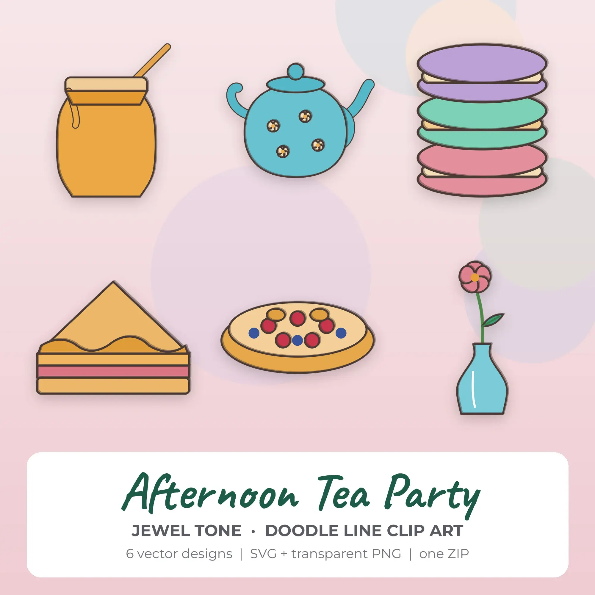 Jewel Tone Afternoon Tea Party Clip Art Set - 6 Vector SVG PNG preview
