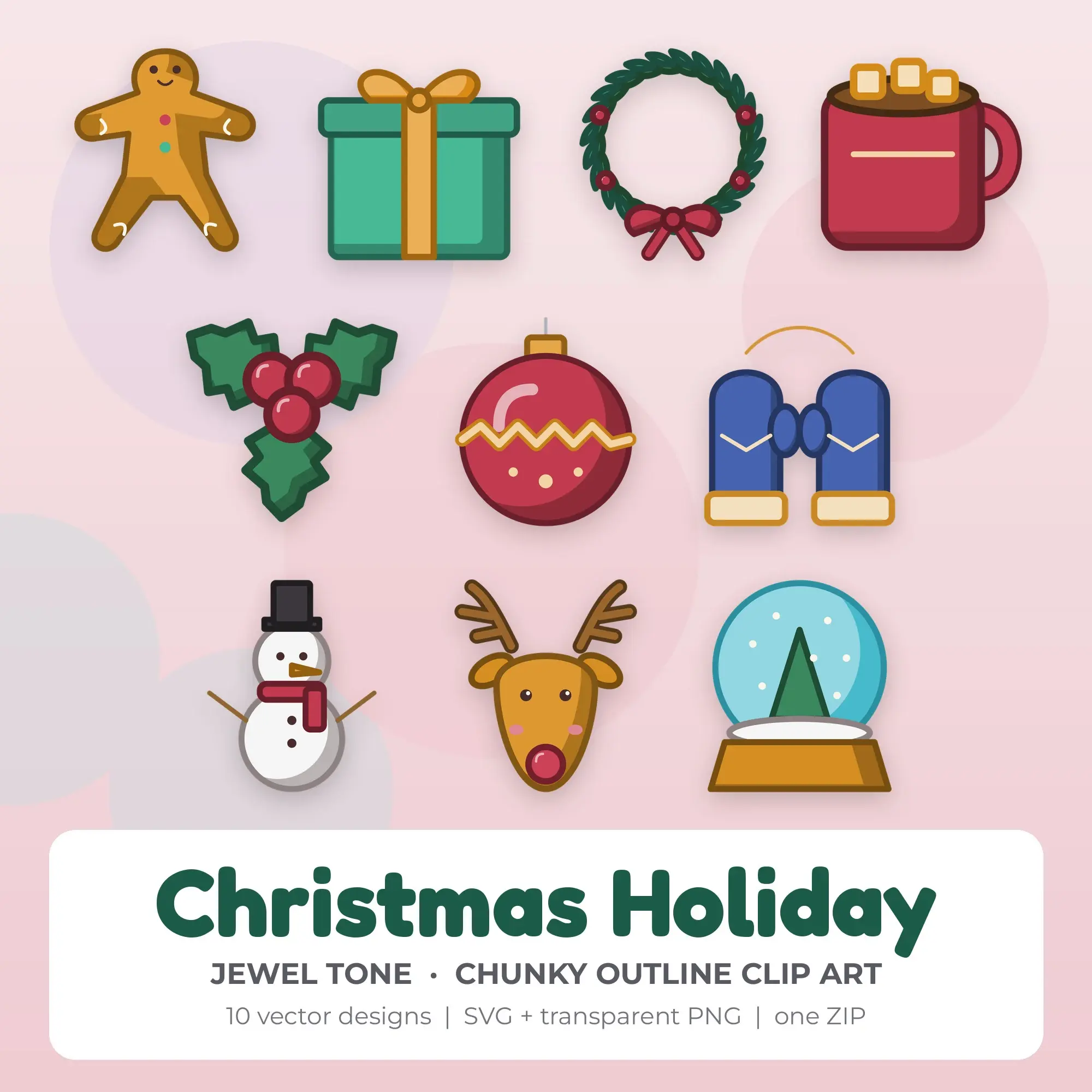 10 Chunky Outline Christmas Holiday Clipart Illustrations, SVG PNG preview