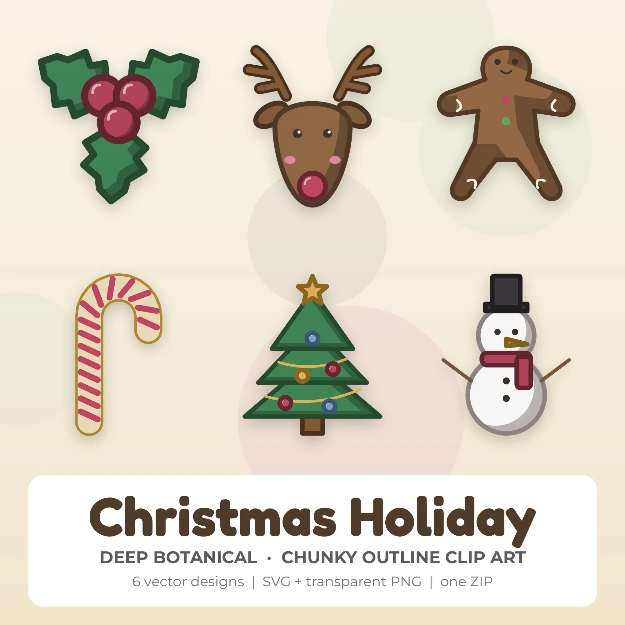 Christmas Holiday Clipart, Deep Botanical Chunky Outline - 6 SVG PNG, preview 1 of 2