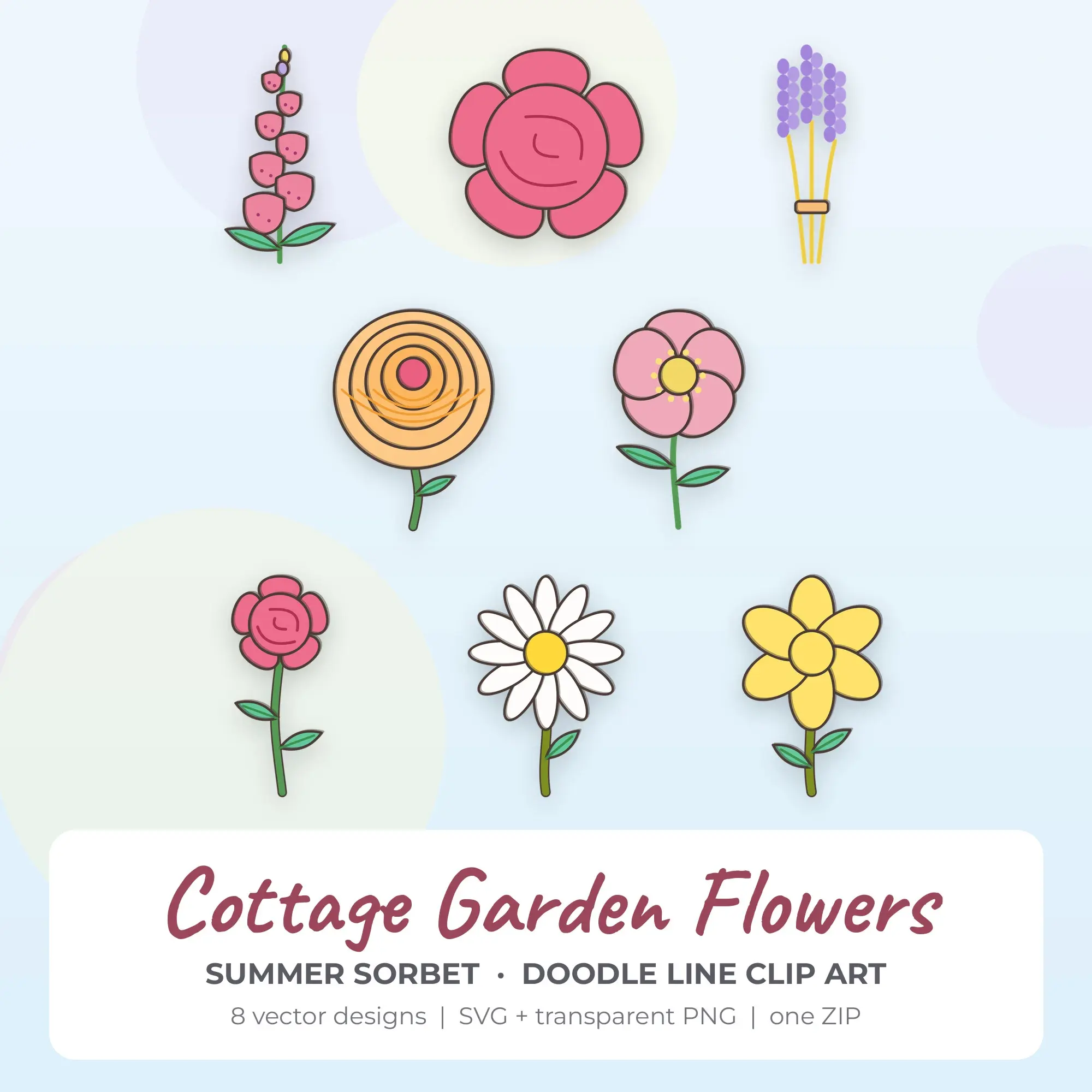 Summer Sorbet Cottage Garden Flowers Clip Art Set - 8 Vector SVG PNG preview