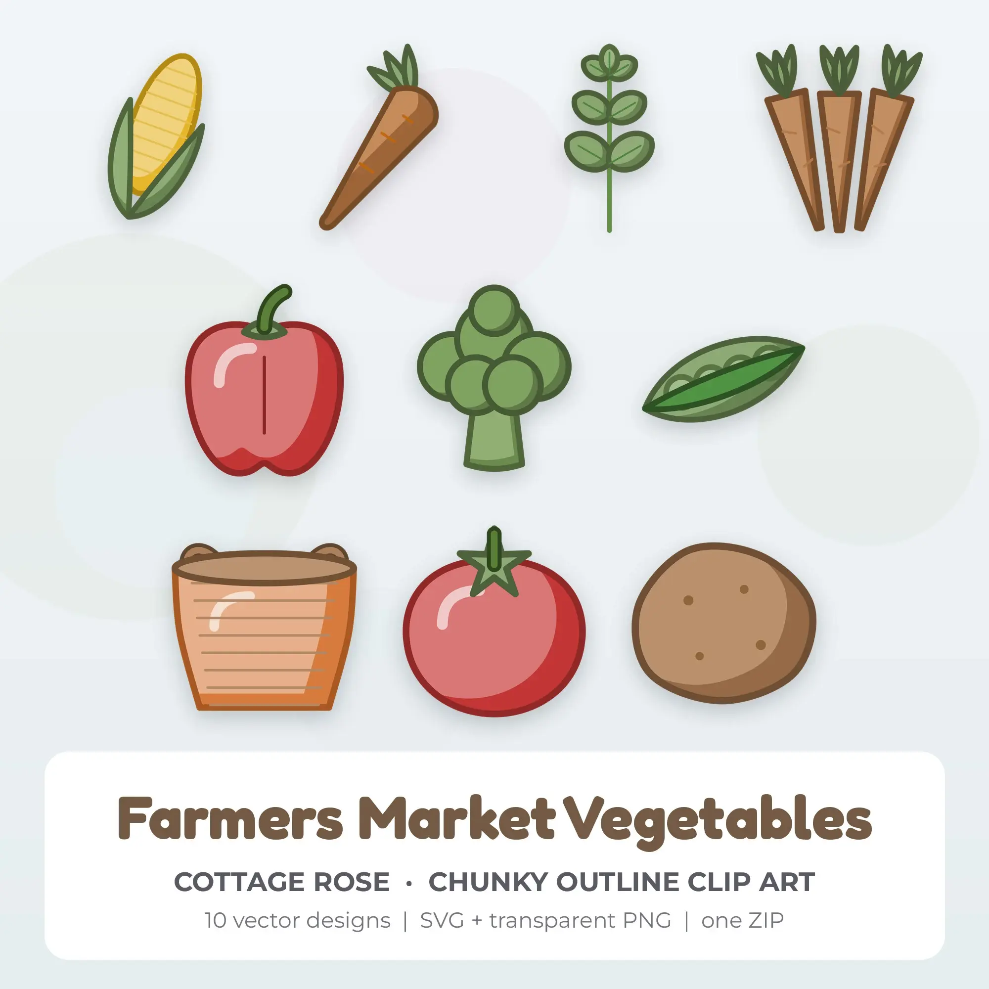 Farmers Market Vegetables Vector Clip Art in Cottage Rose - 10 Designs preview