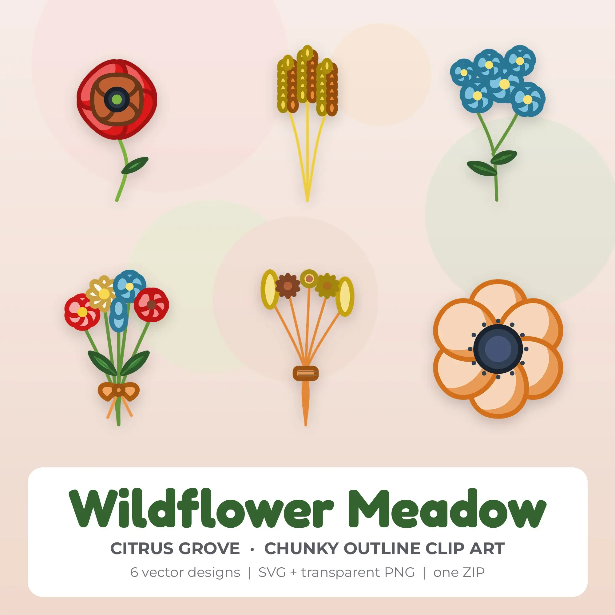 Citrus Grove Chunky Outline Wildflower Meadow Clipart - 6 Vector Files, preview 1 of 2