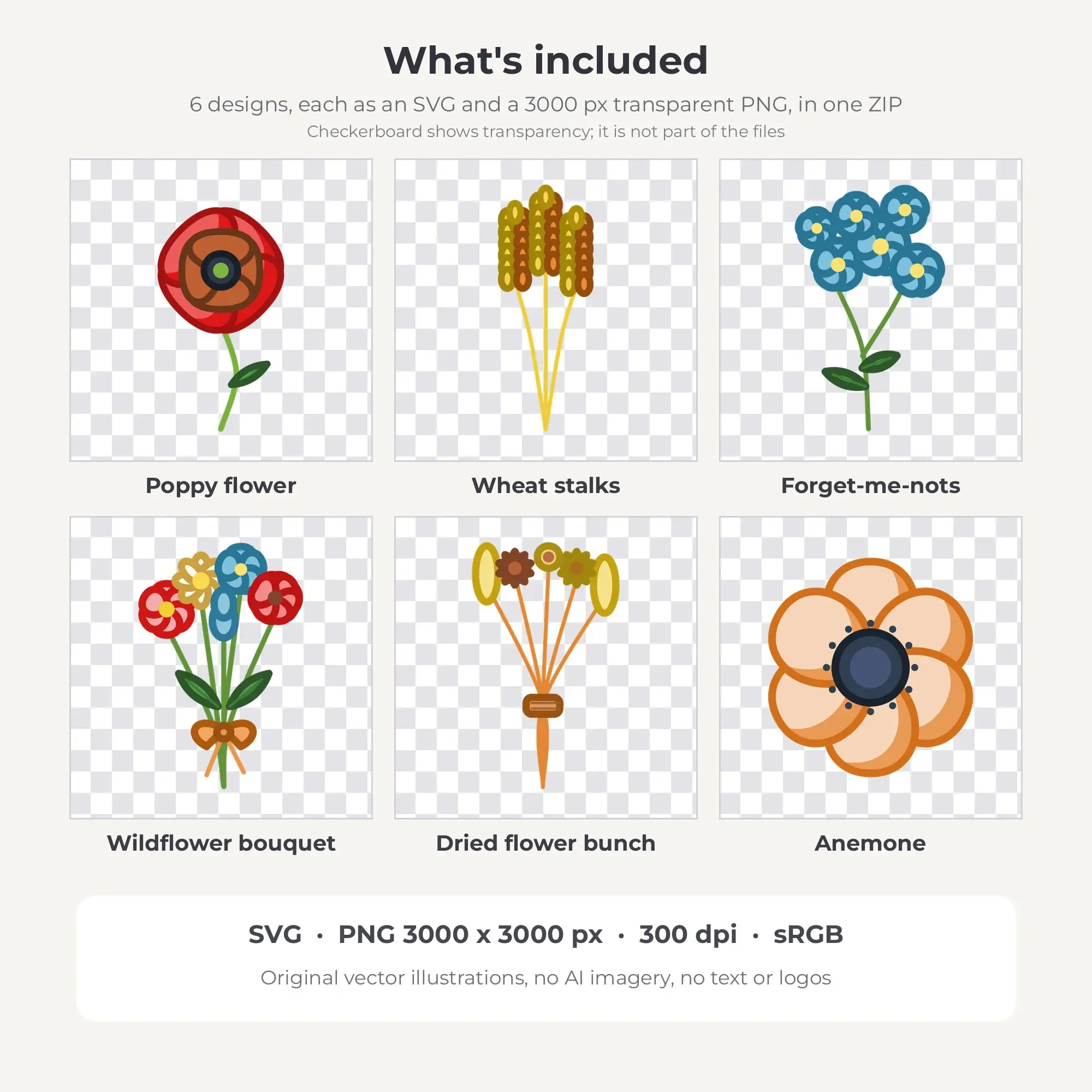 Citrus Grove Chunky Outline Wildflower Meadow Clipart - 6 Vector Files, preview 2 of 2