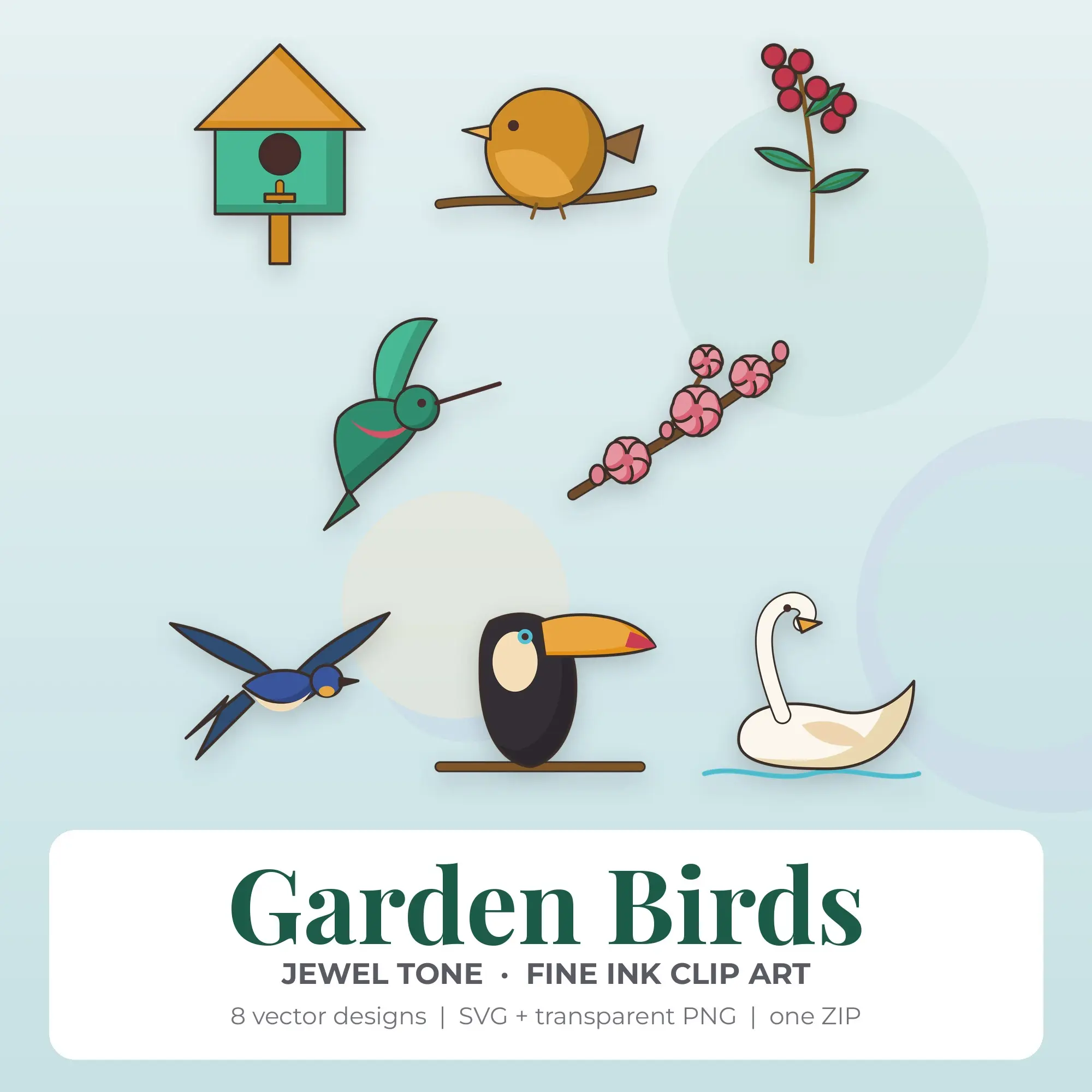 Fine Ink Garden Birds Clipart Bundle, Jewel Tone - 8 PNG SVG preview