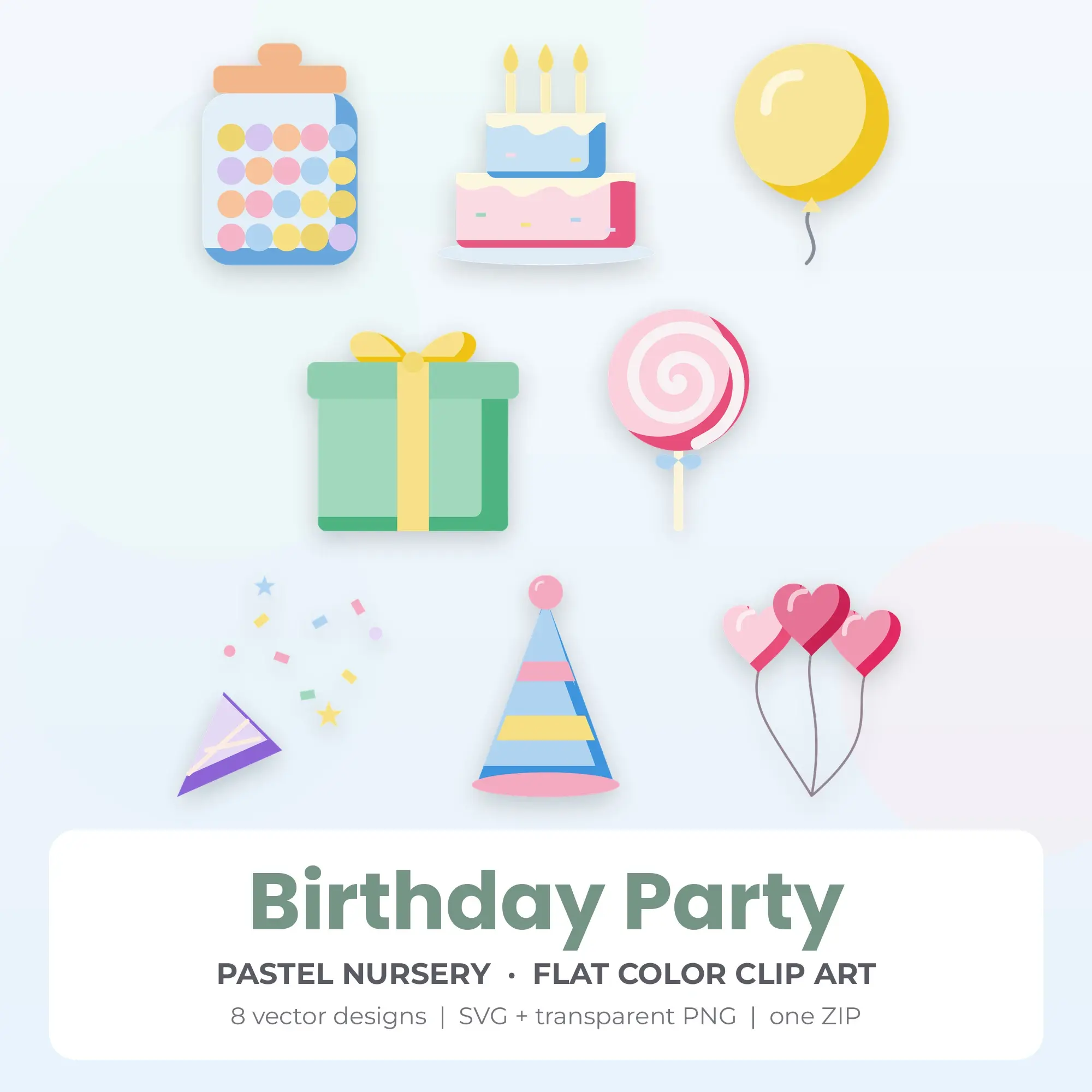 Flat Color Birthday Party Clipart Bundle, Pastel Nursery - 8 PNG SVG preview