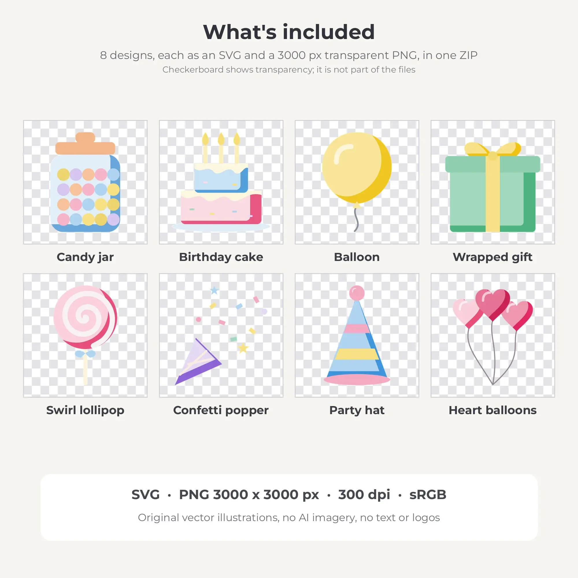 Flat Color Birthday Party Clipart Bundle, Pastel Nursery - 8 PNG SVG, preview 2 of 2