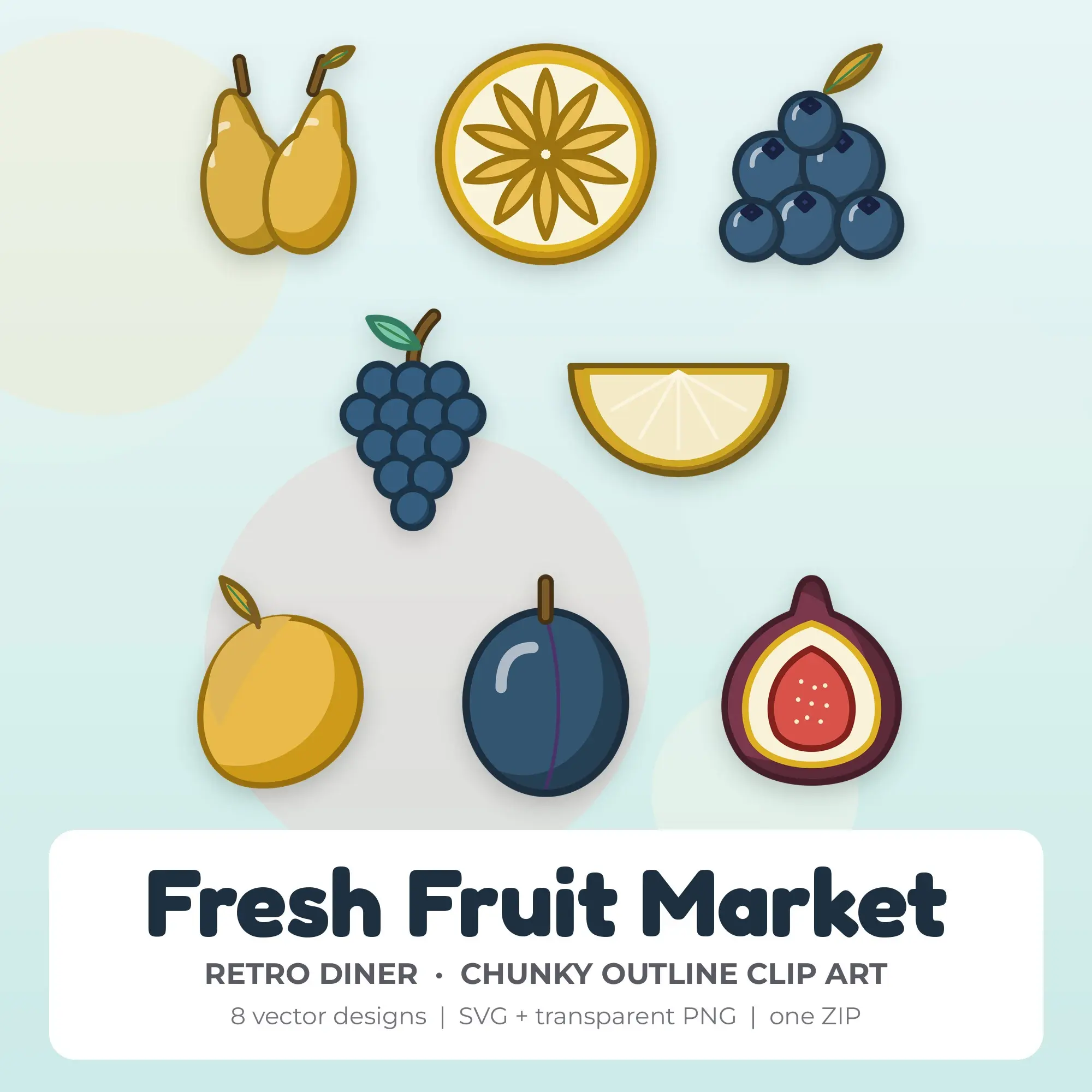 Fresh Fruit Market Clipart, Retro Diner Chunky Outline - 8 SVG PNG preview