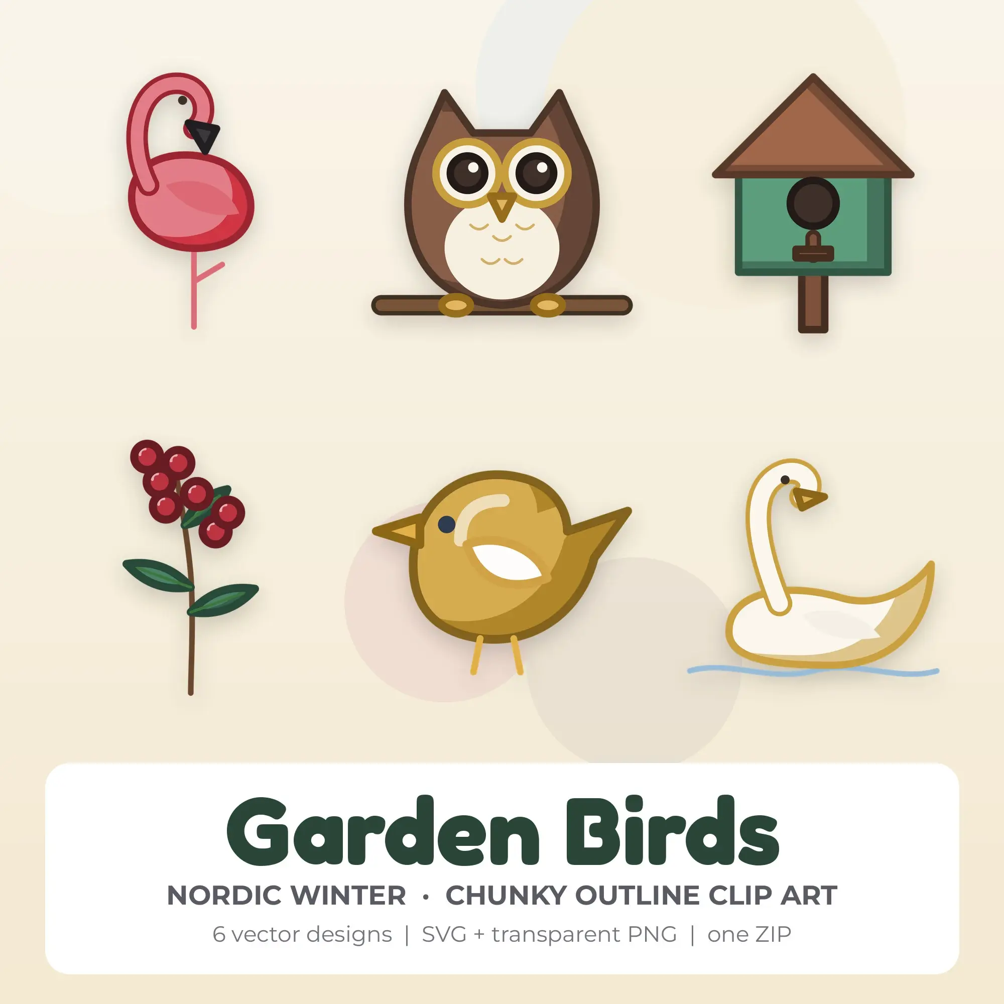 Garden Birds Vector Clip Art in Nordic Winter - 6 Designs preview