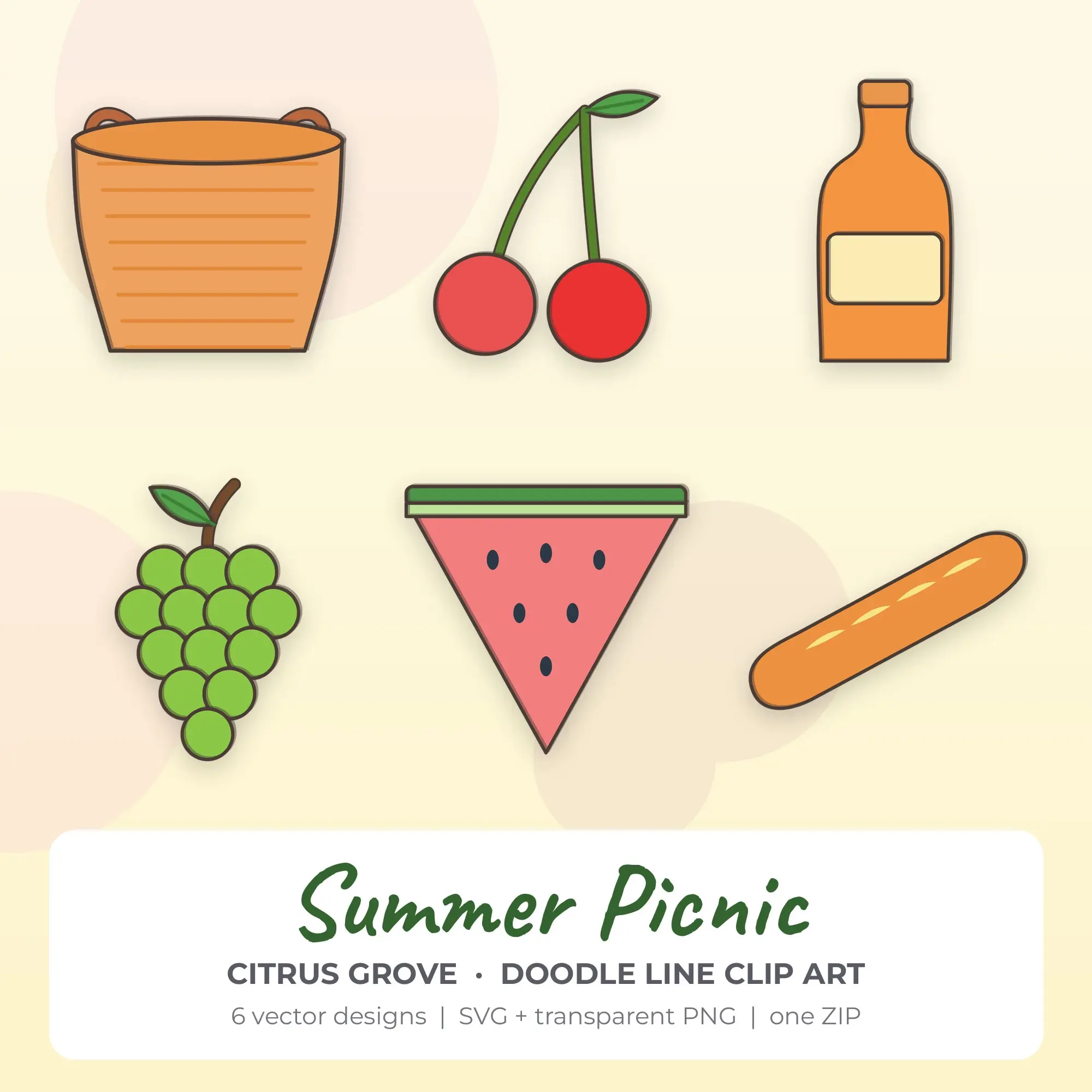 Doodle Line Summer Picnic Clipart Bundle, Citrus Grove - 6 PNG SVG preview