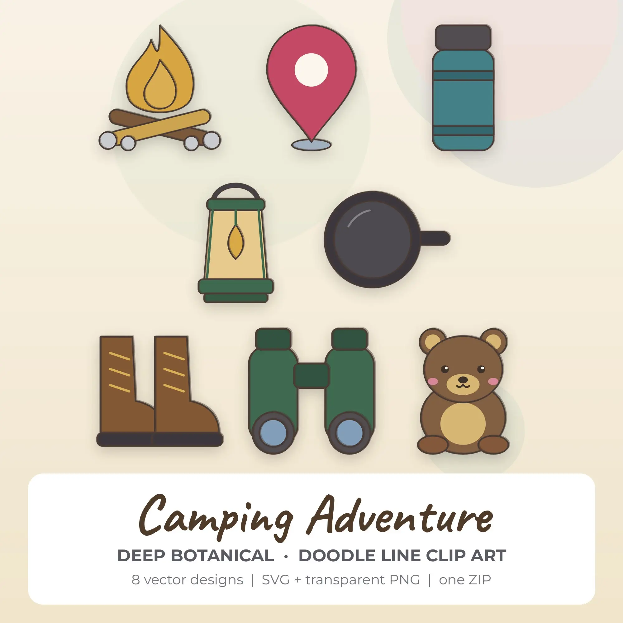 Deep Botanical Doodle Line Camping Adventure Clipart - 8 Vector Files preview