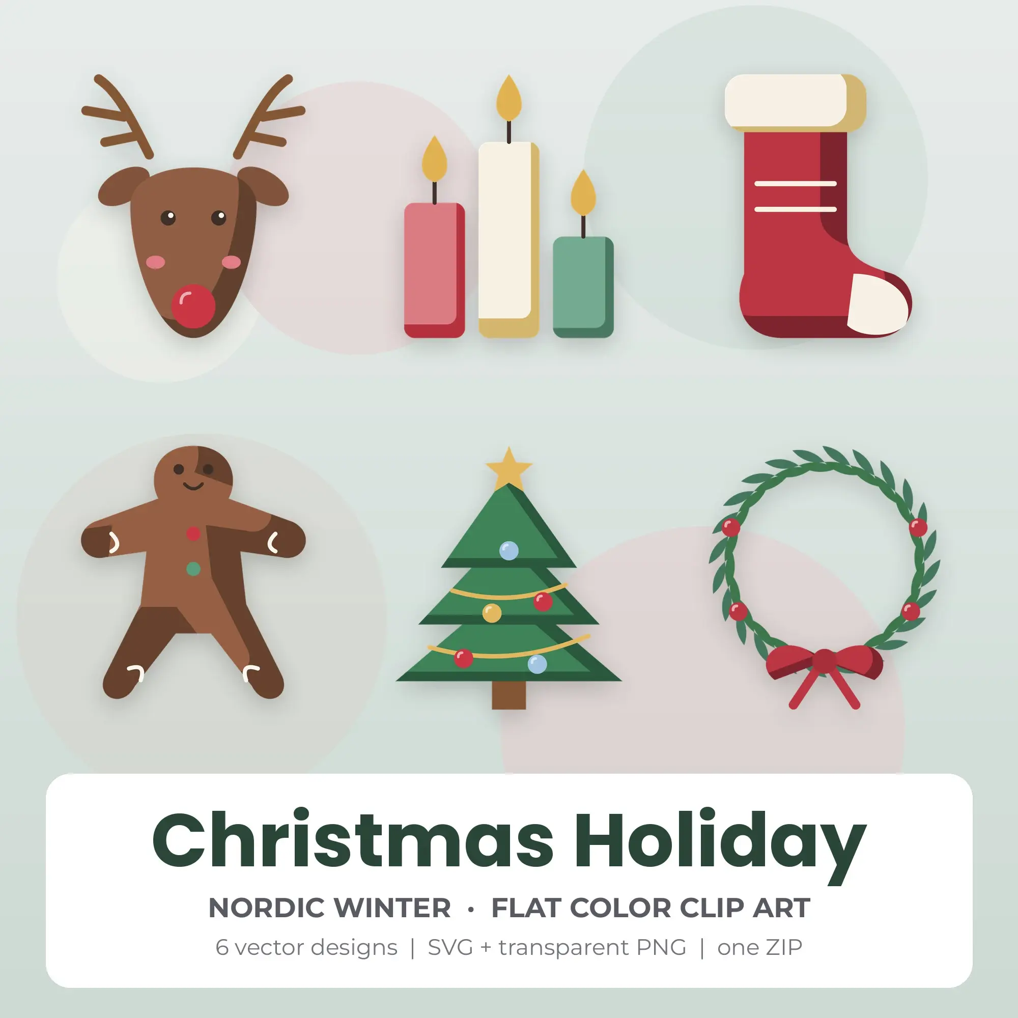 Flat Color Christmas Holiday Clipart Bundle, Nordic Winter - 6 PNG SVG preview