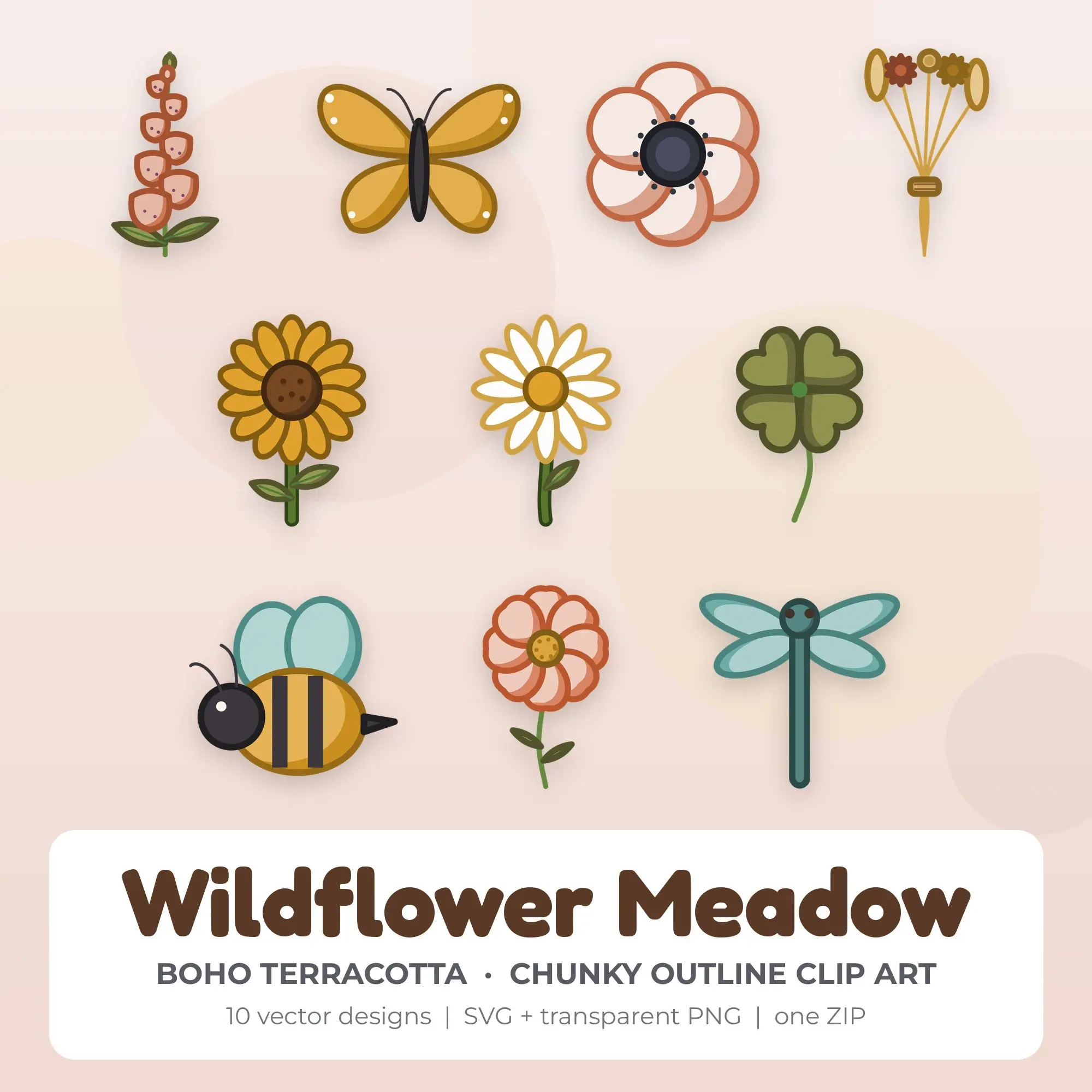 Wildflower Meadow Clipart, Boho Terracotta Chunky Outline - 10 SVG PNG preview
