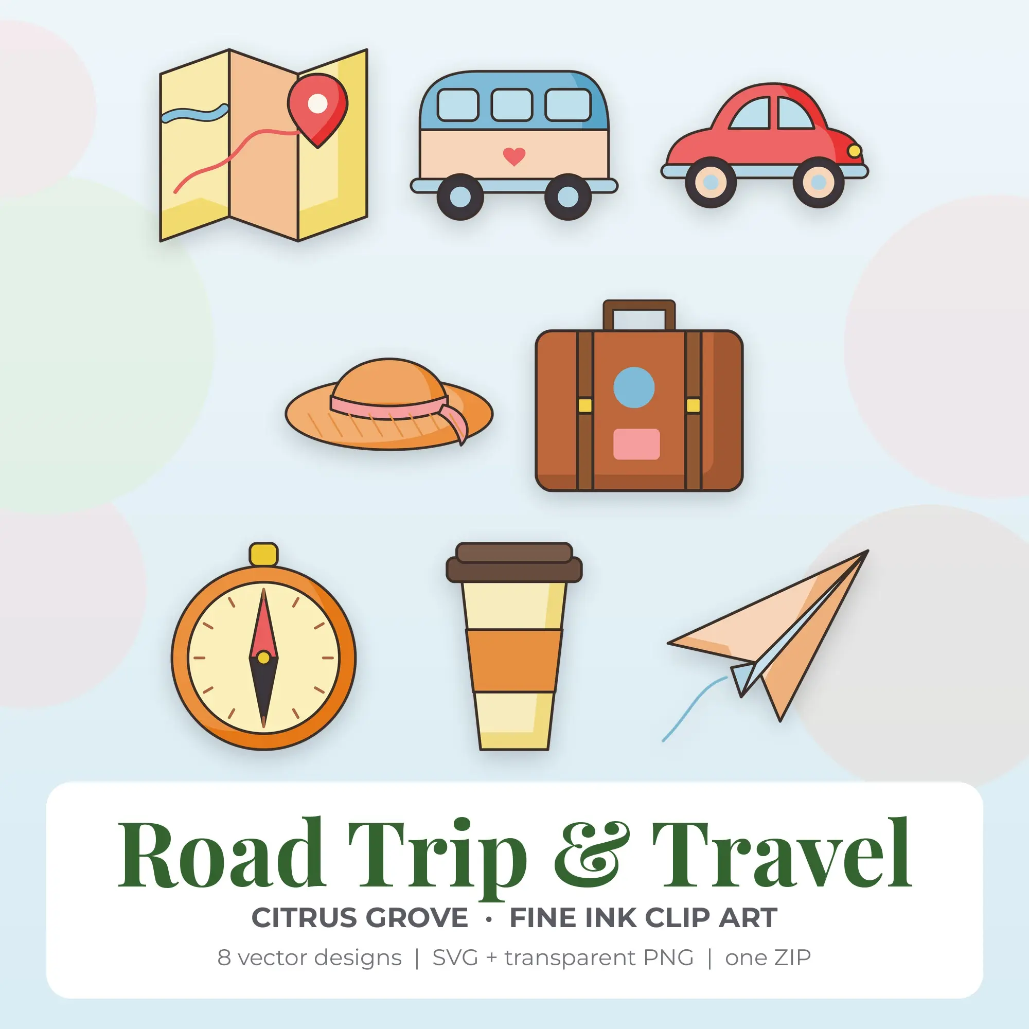 Road Trip & Travel Vector Clip Art in Citrus Grove - 8 Designs, preview 1 of 2