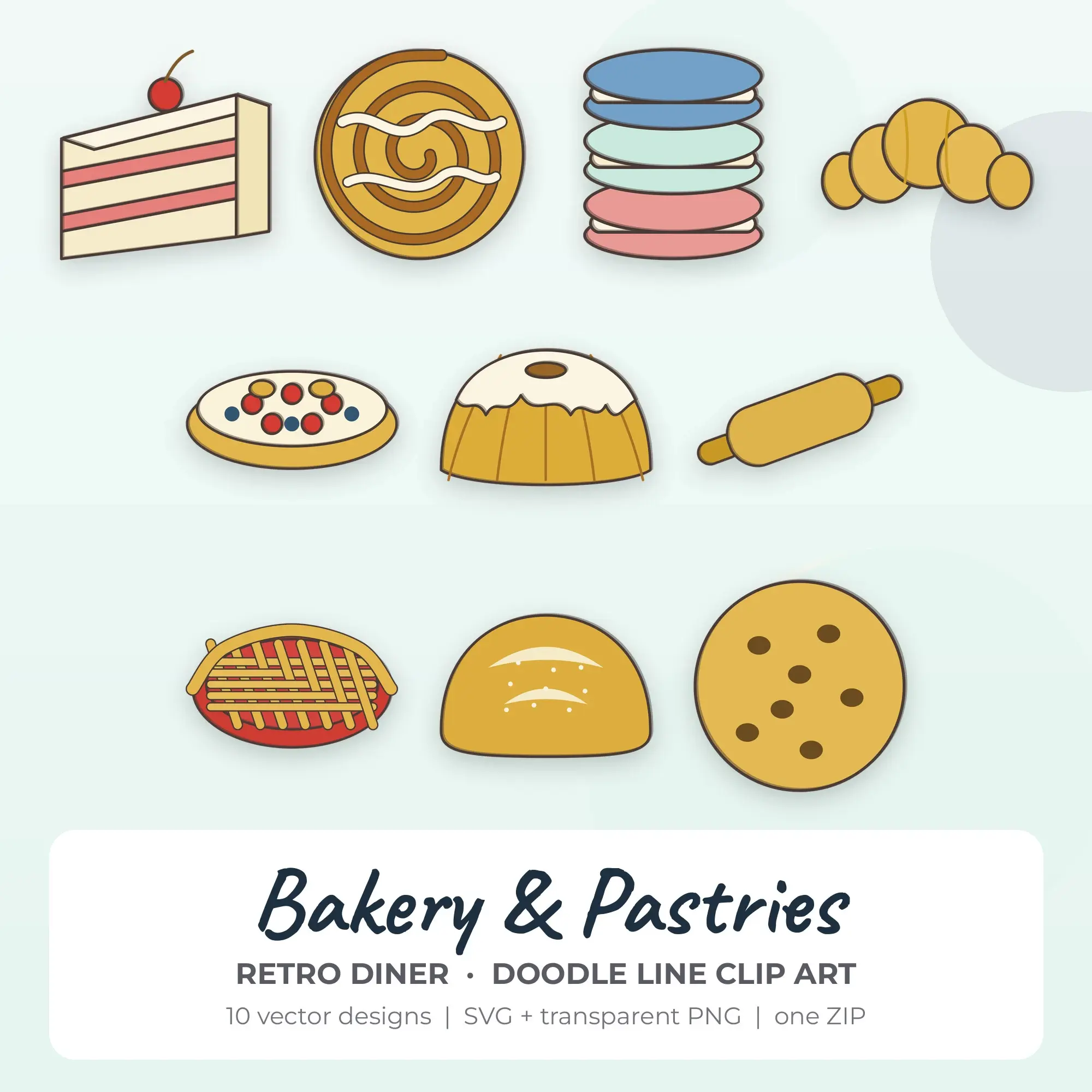 10 Doodle Line Bakery & Pastries Clipart Illustrations, SVG PNG preview