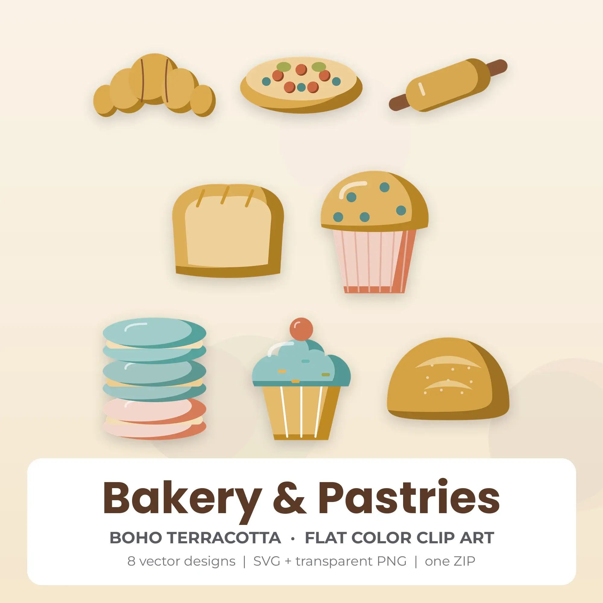Bakery & Pastries Clipart, Boho Terracotta Flat Color - 8 SVG PNG, preview 1 of 2