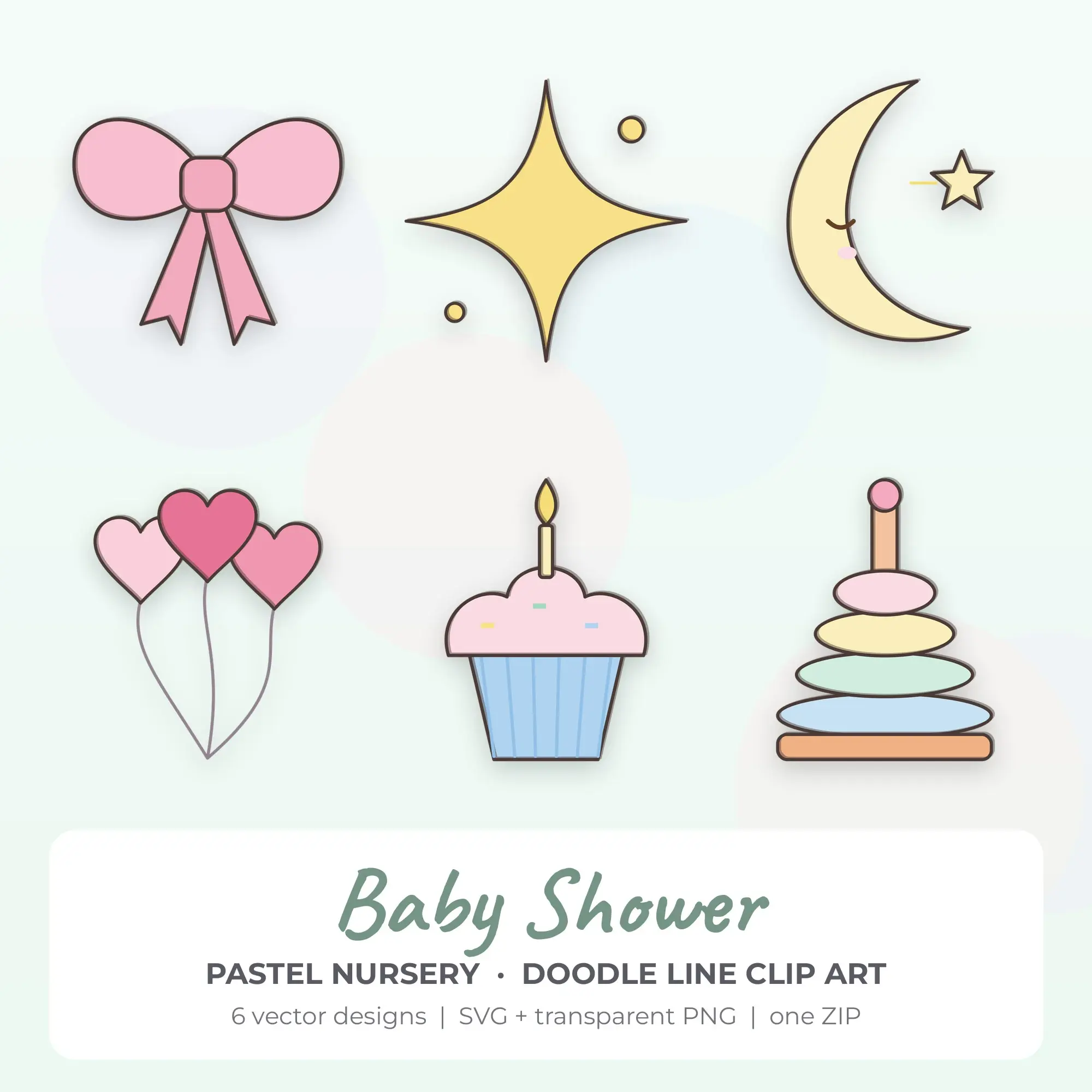 Baby Shower Clipart, Pastel Nursery Doodle Line - 6 SVG PNG preview