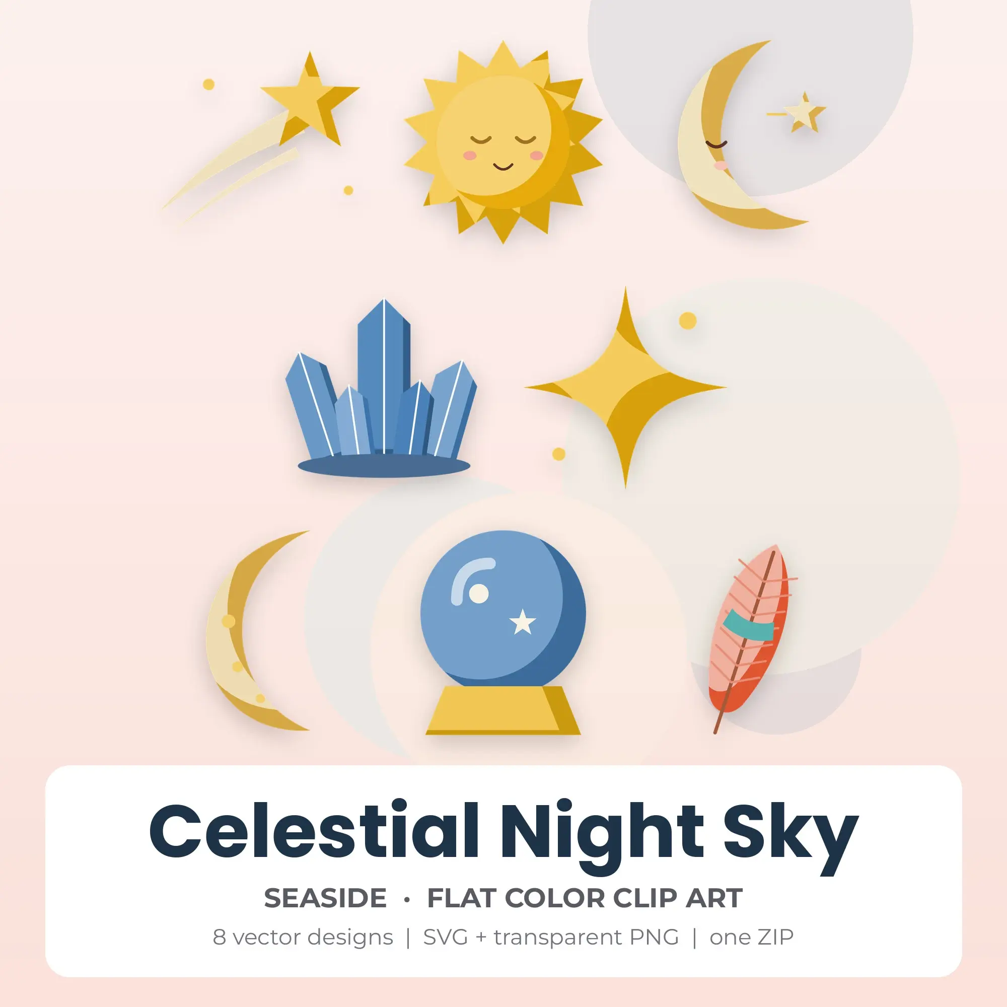 Celestial Night Sky SVG Clipart Pack, Flat Color Style - 8 Designs preview