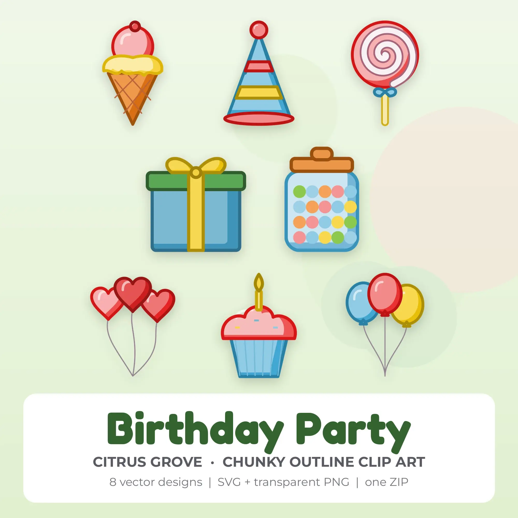 Citrus Grove Chunky Outline Birthday Party Clipart - 8 Vector Files preview