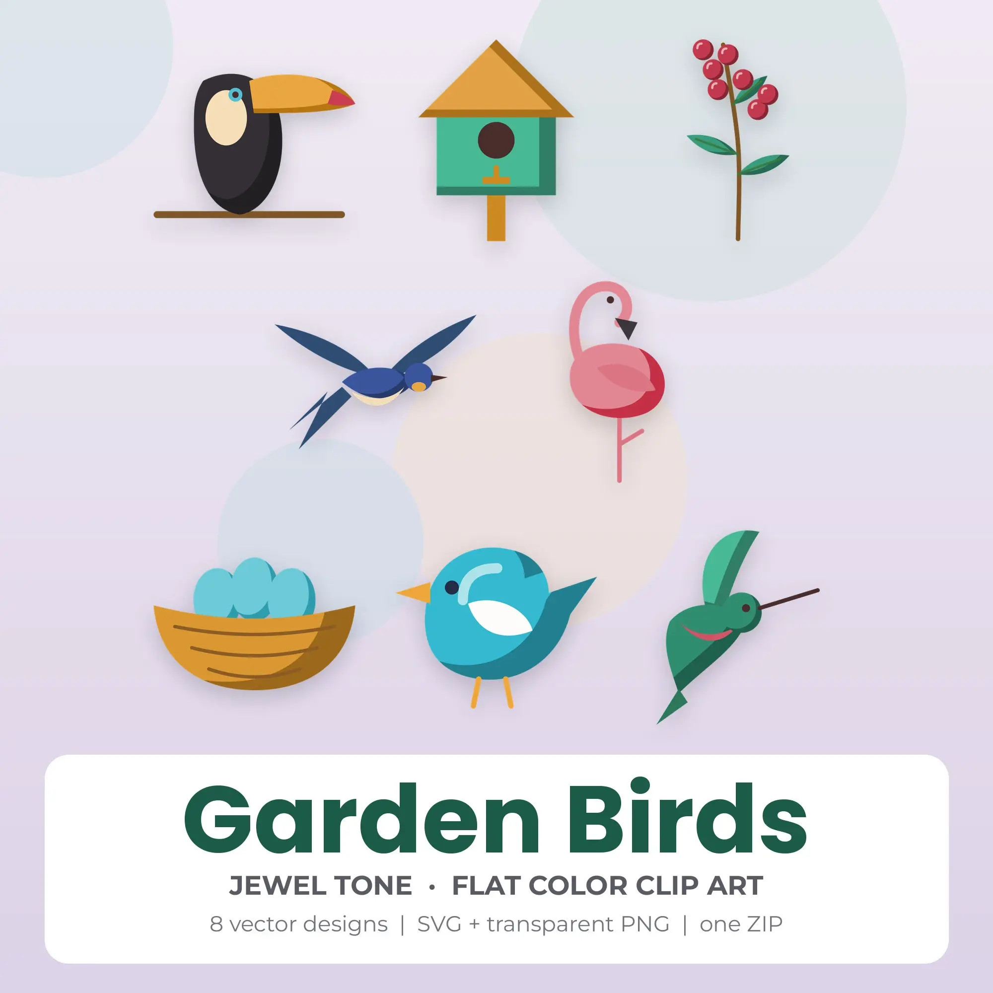 Garden Birds Vector Clip Art in Jewel Tone - 8 Designs preview