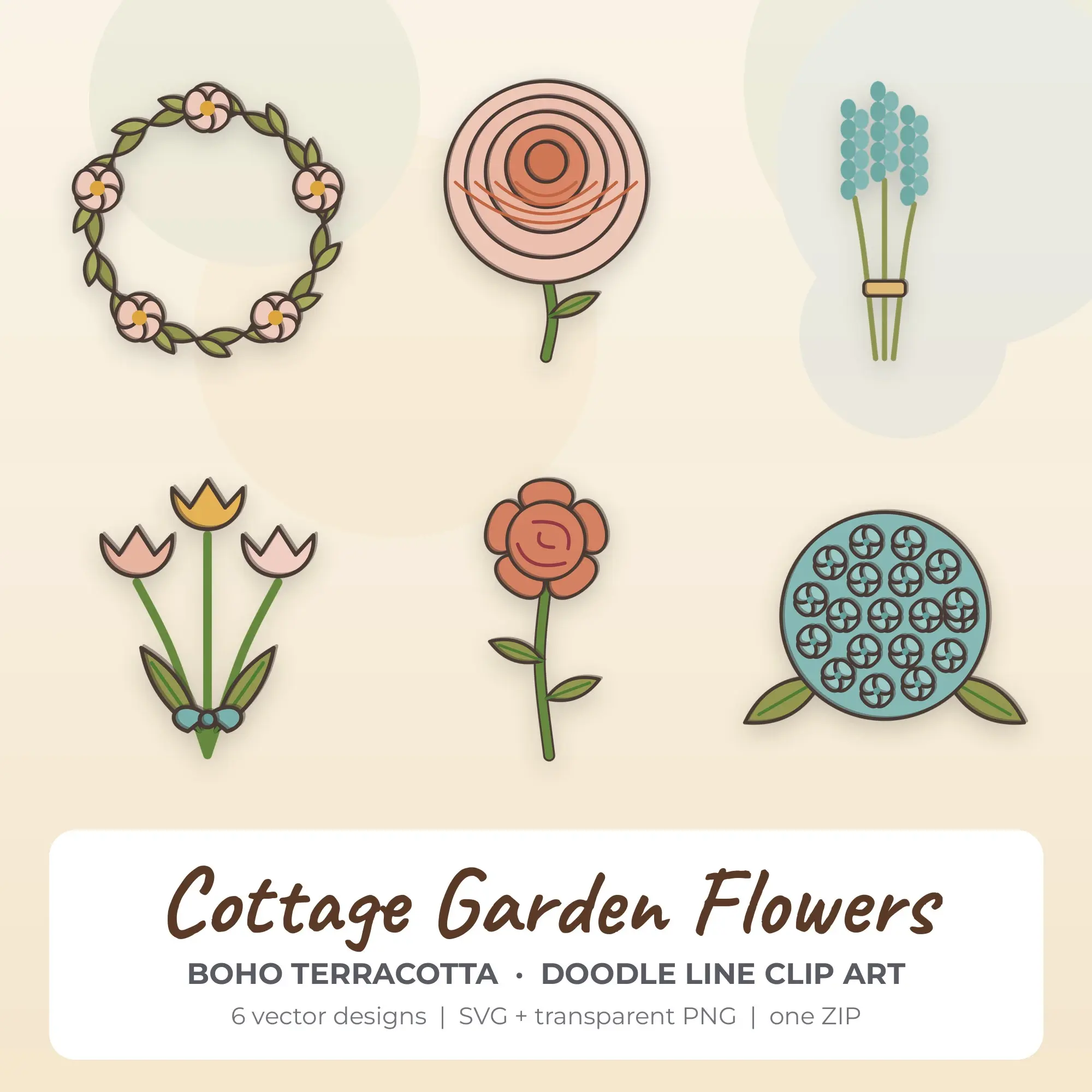 Cottage Garden Flowers SVG Clipart Pack, Doodle Line Style - 6 Designs, preview 1 of 2