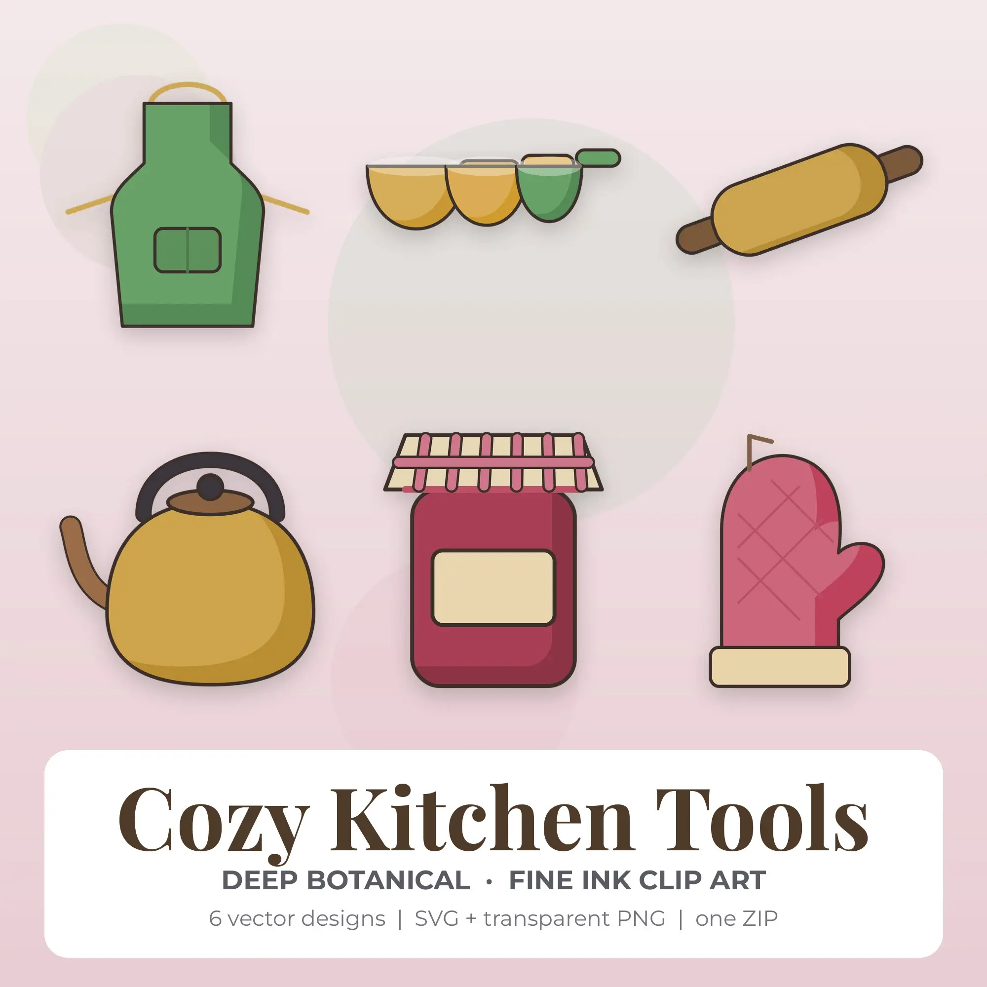 Cozy Kitchen Tools Clipart, Deep Botanical Fine Ink - 6 SVG PNG preview