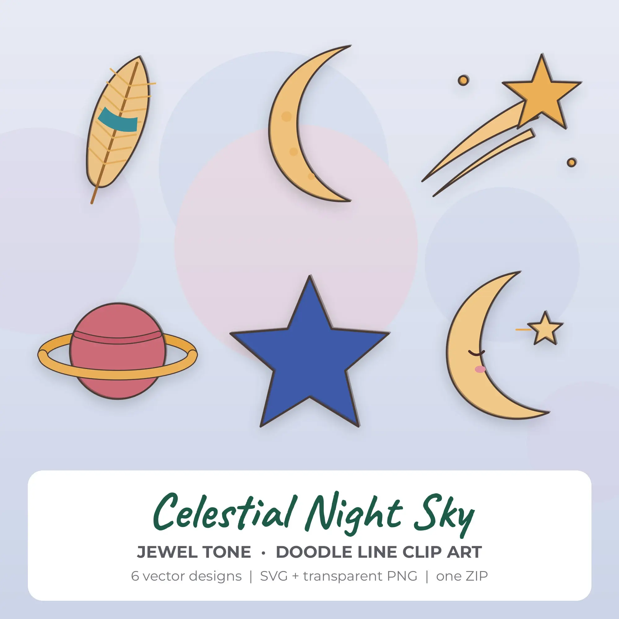 Jewel Tone Celestial Night Sky Clip Art Set - 6 Vector SVG PNG, preview 1 of 2