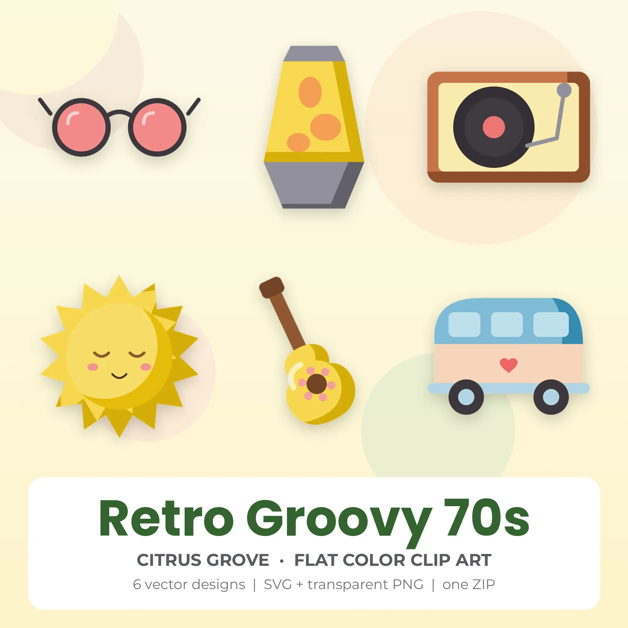 Retro Groovy 70s SVG Clipart Pack, Flat Color Style - 6 Designs preview