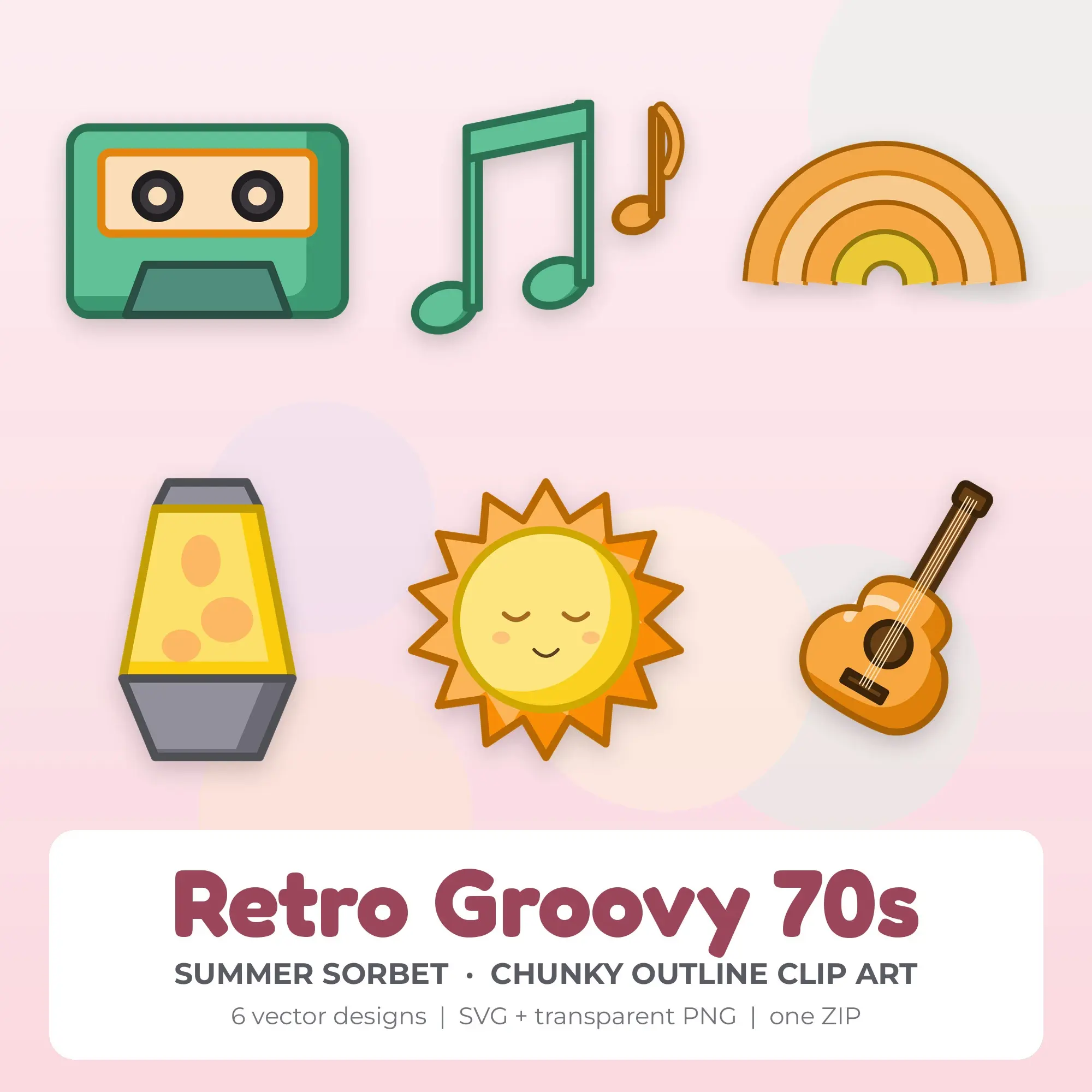 Retro Groovy 70s SVG Clipart Pack, Chunky Outline Style - 6 Designs preview