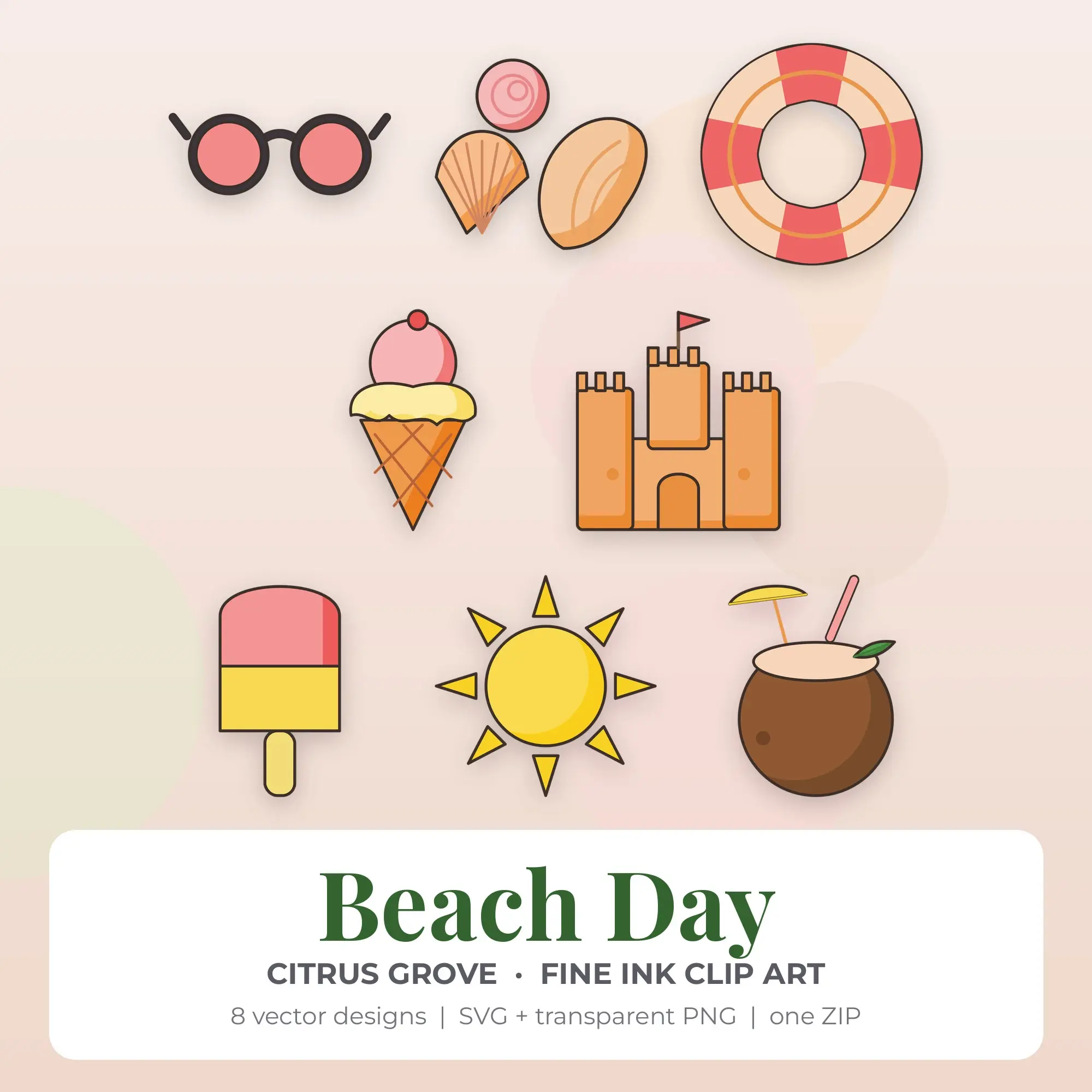 Citrus Grove Beach Day Clip Art Set - 8 Vector SVG PNG preview