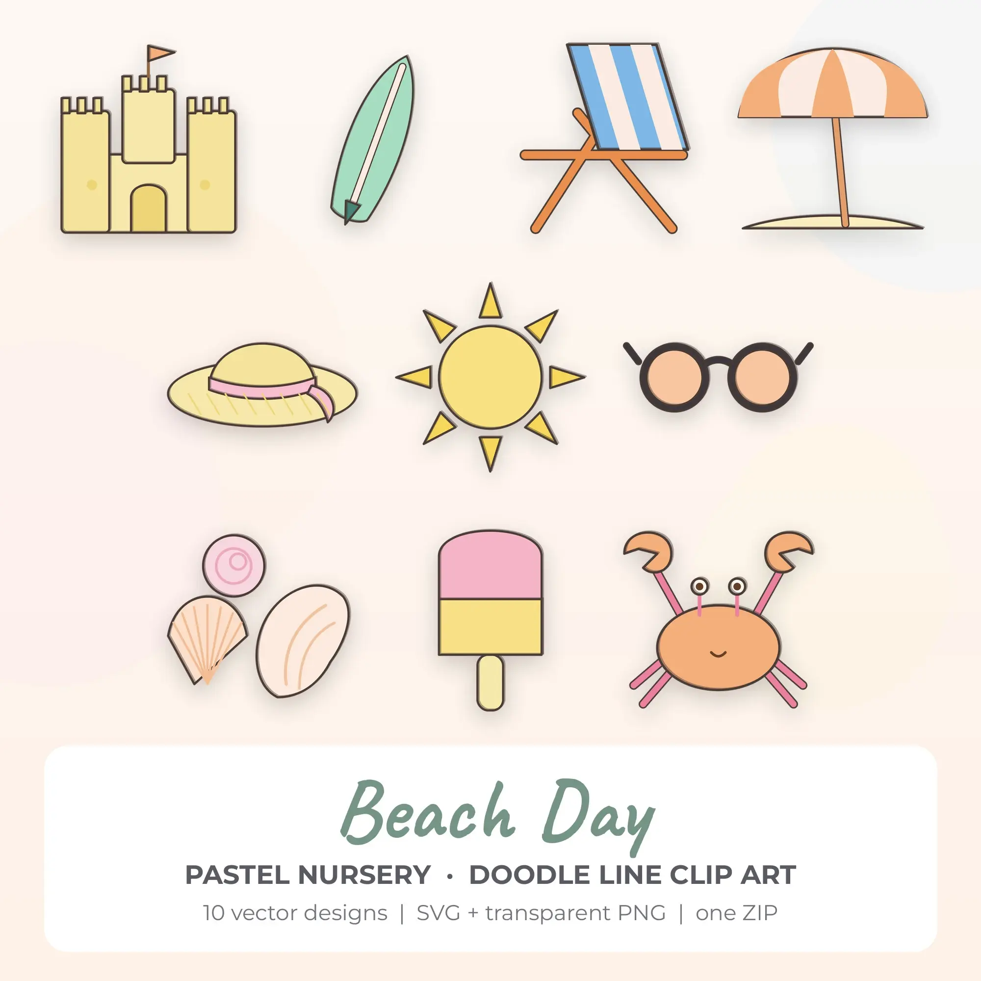 Beach Day Clipart, Pastel Nursery Doodle Line - 10 SVG PNG preview