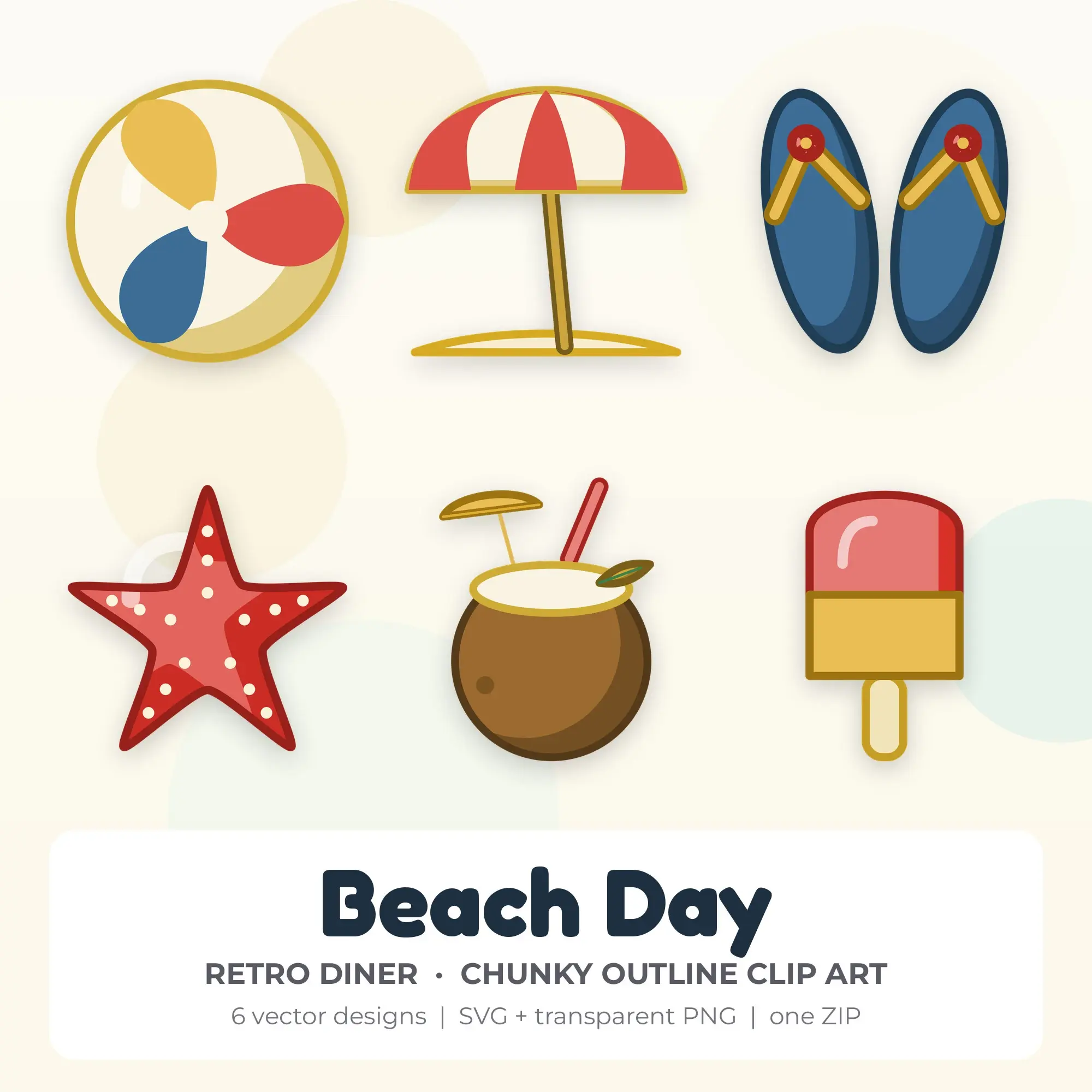 Chunky Outline Beach Day Clipart Bundle, Retro Diner - 6 PNG SVG preview