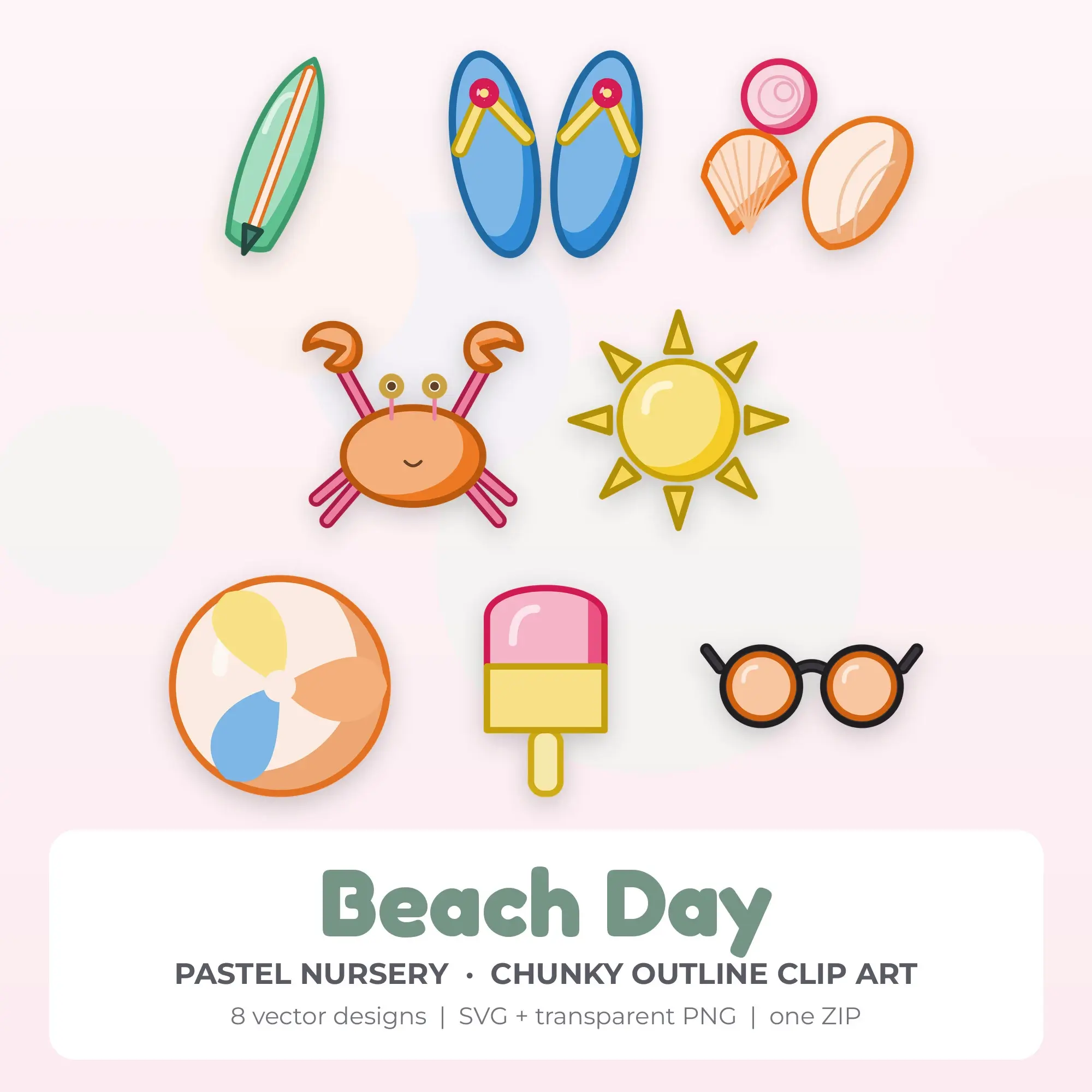 Beach Day SVG Clipart Pack, Chunky Outline Style - 8 Designs preview