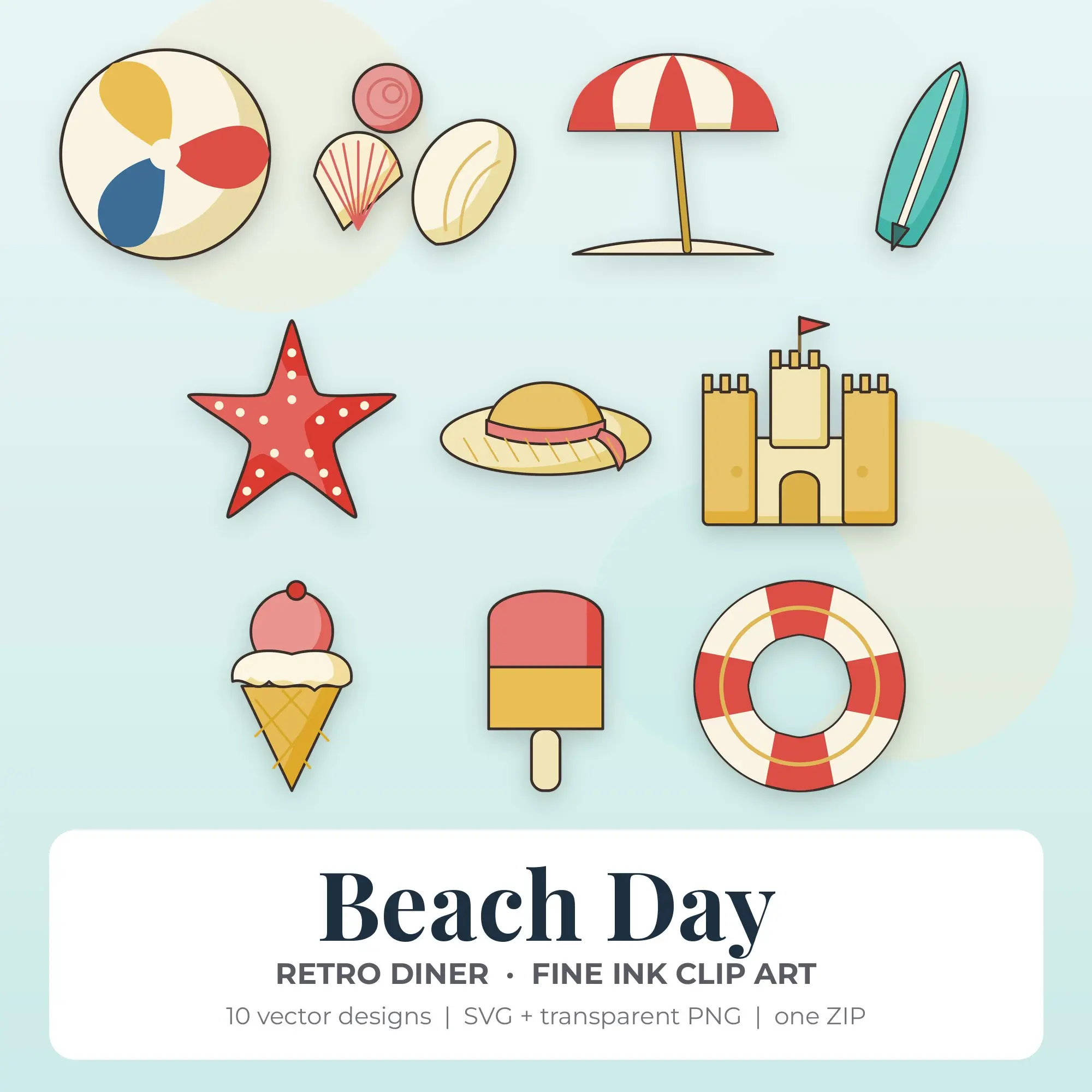 Fine Ink Beach Day Clipart Bundle, Retro Diner - 10 PNG SVG preview