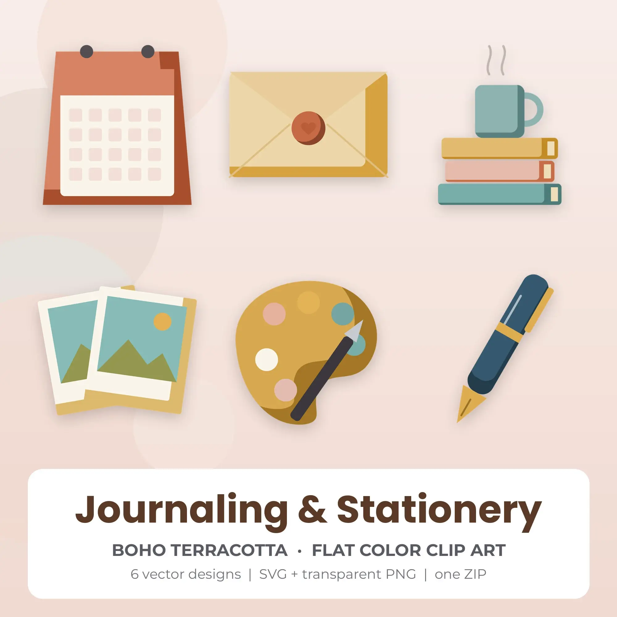 Journaling & Stationery SVG Clipart Pack, Flat Color Style - 6 Designs preview