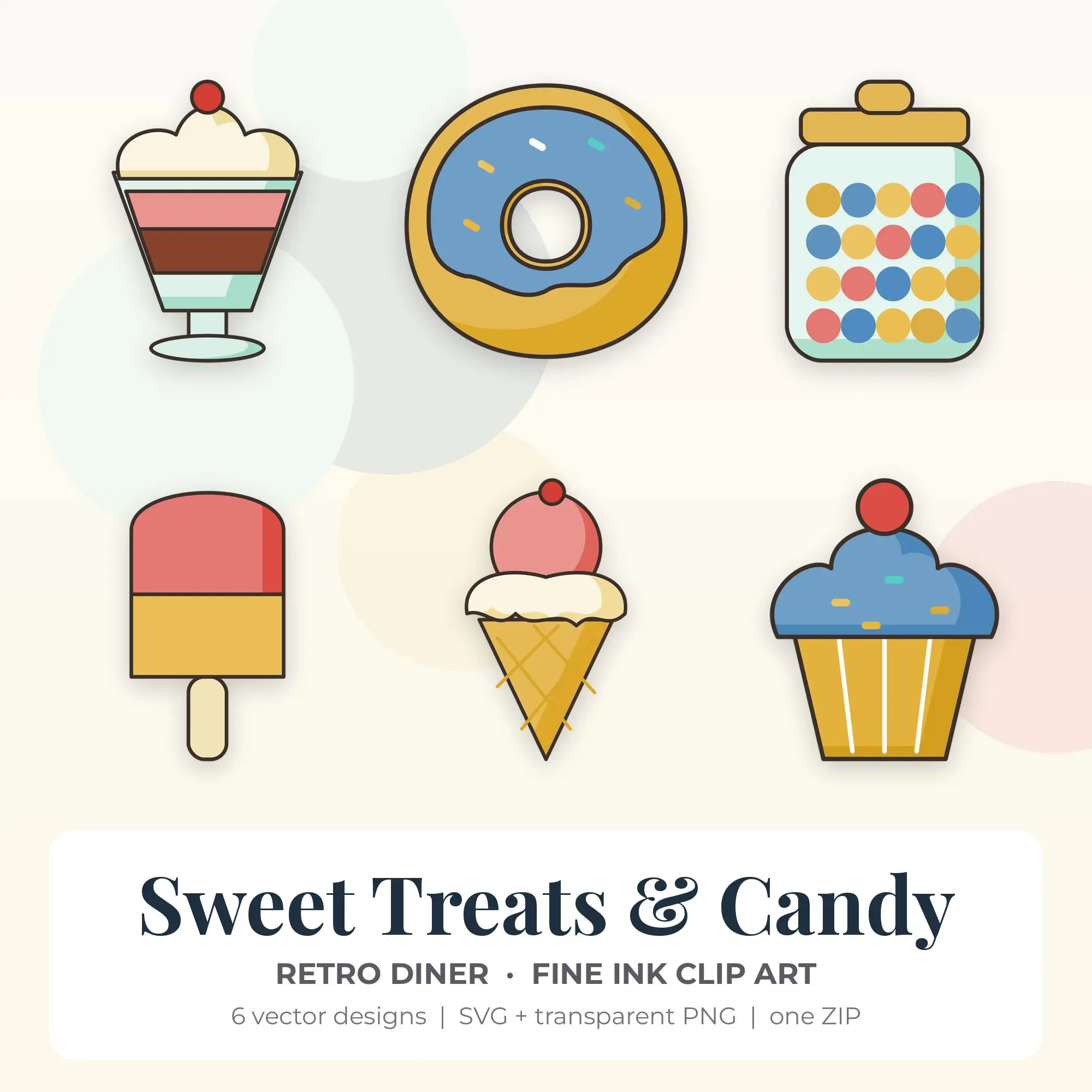 Sweet Treats & Candy Vector Clip Art in Retro Diner - 6 Designs preview